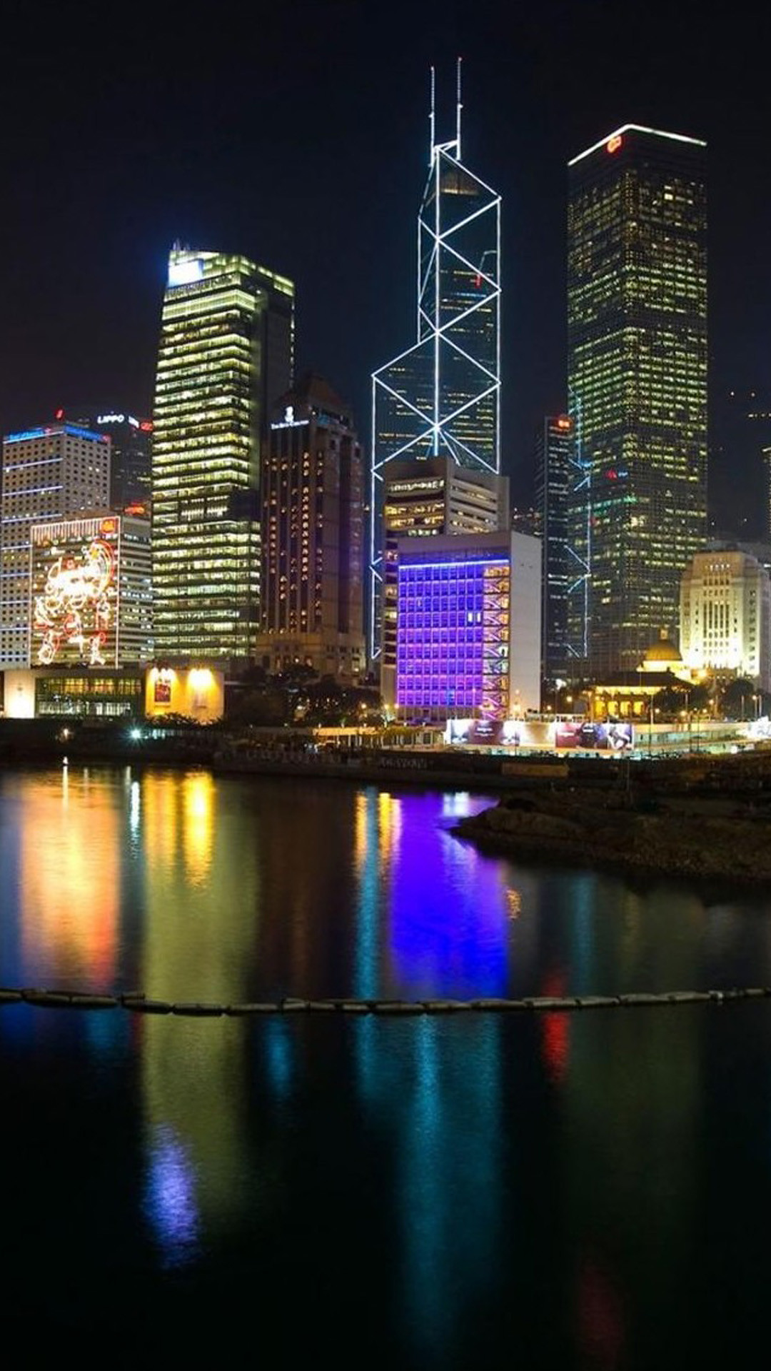 Hong Kong, Bank of China Tower, Grattacieli, Notte, Riflessi, Full HD, sfondo iPhone 6S