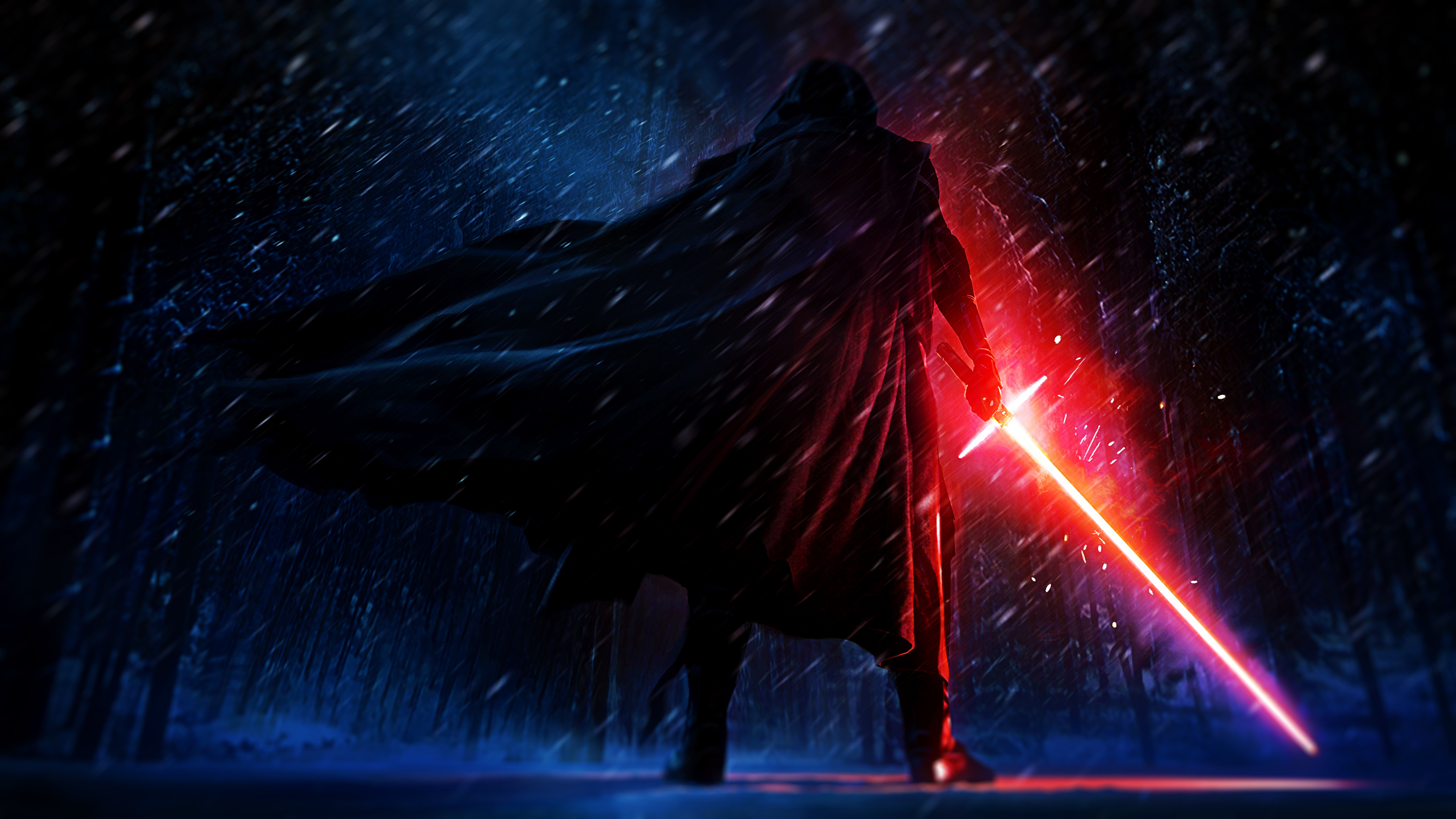Kylo Ren, Star Wars: Il risveglio della Forza, Spada laser, Neve, Notte, sfondo 4K per PC