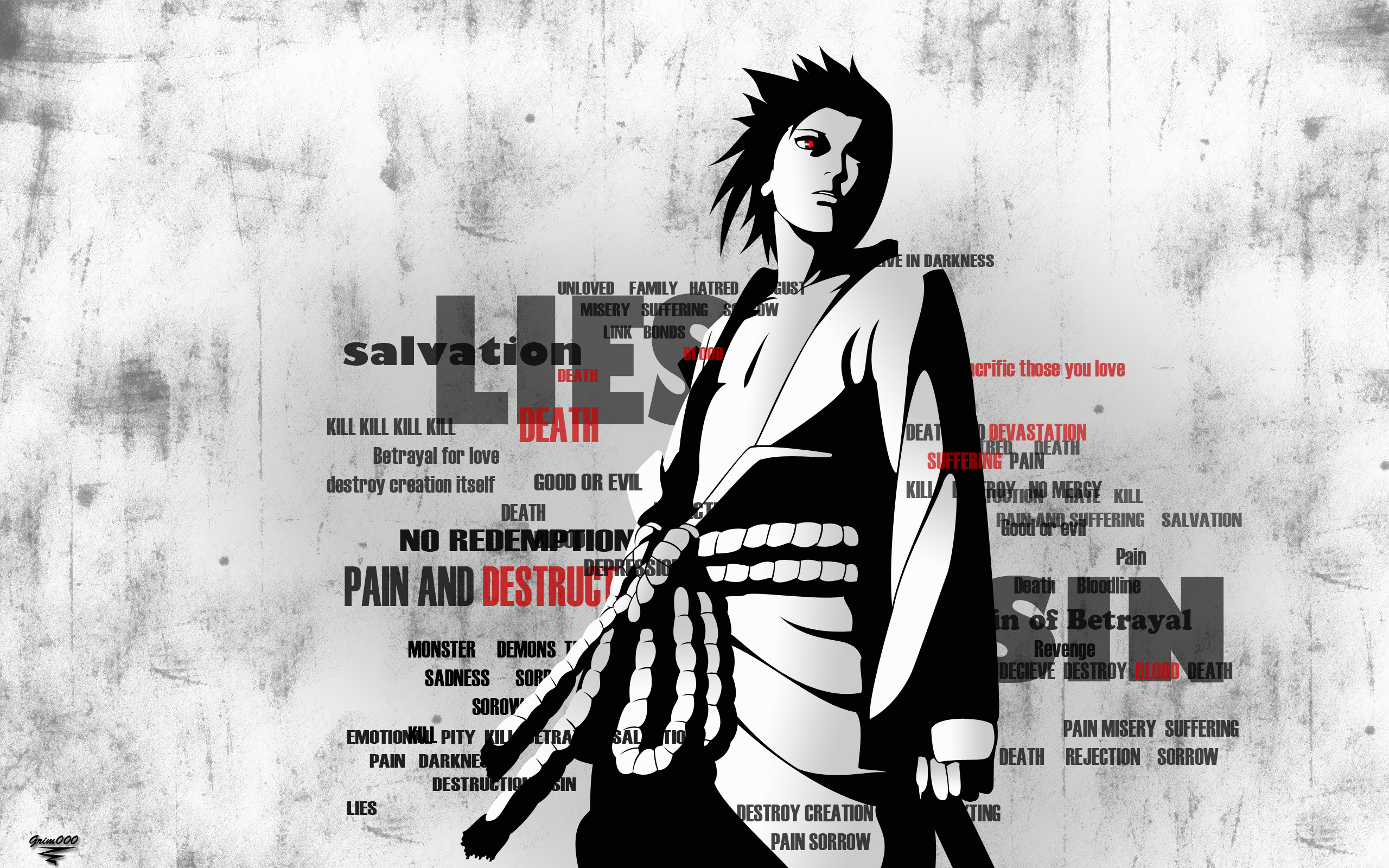 Sasuke Uchiha, Tipografia, Bianco e nero, Naruto, 2K, sfondo desktop