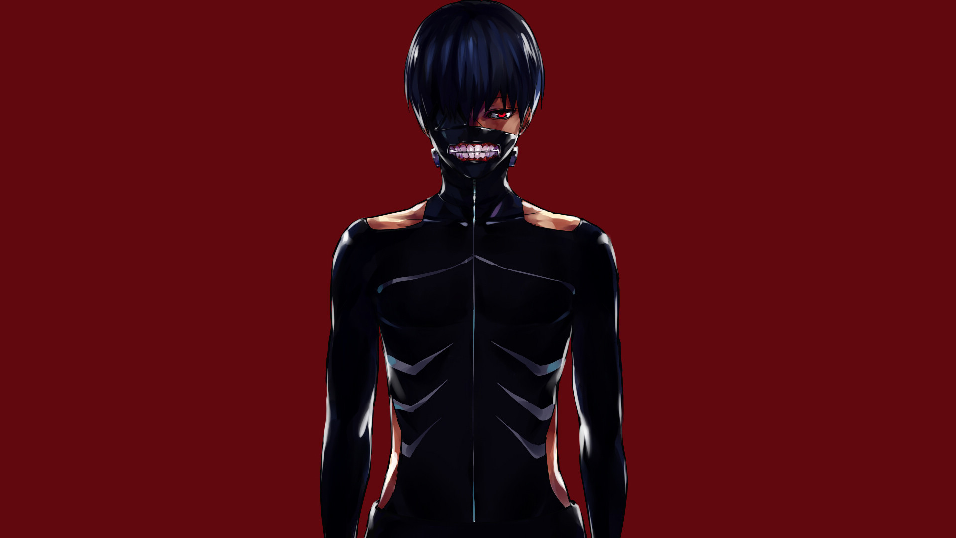Ken Kaneki, Tokyo Ghoul, Maschera, Sfondo rosso, Minimalista, Full HD, wallpaper per computer