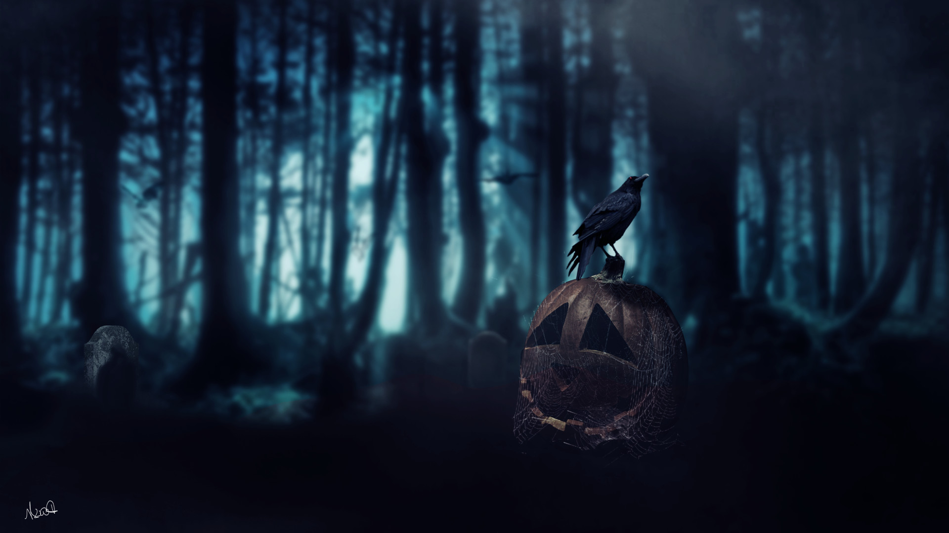Bosco oscuro, Corvo, Zucca, Nebbia, 16:9 Full HD, sfondo widescreen