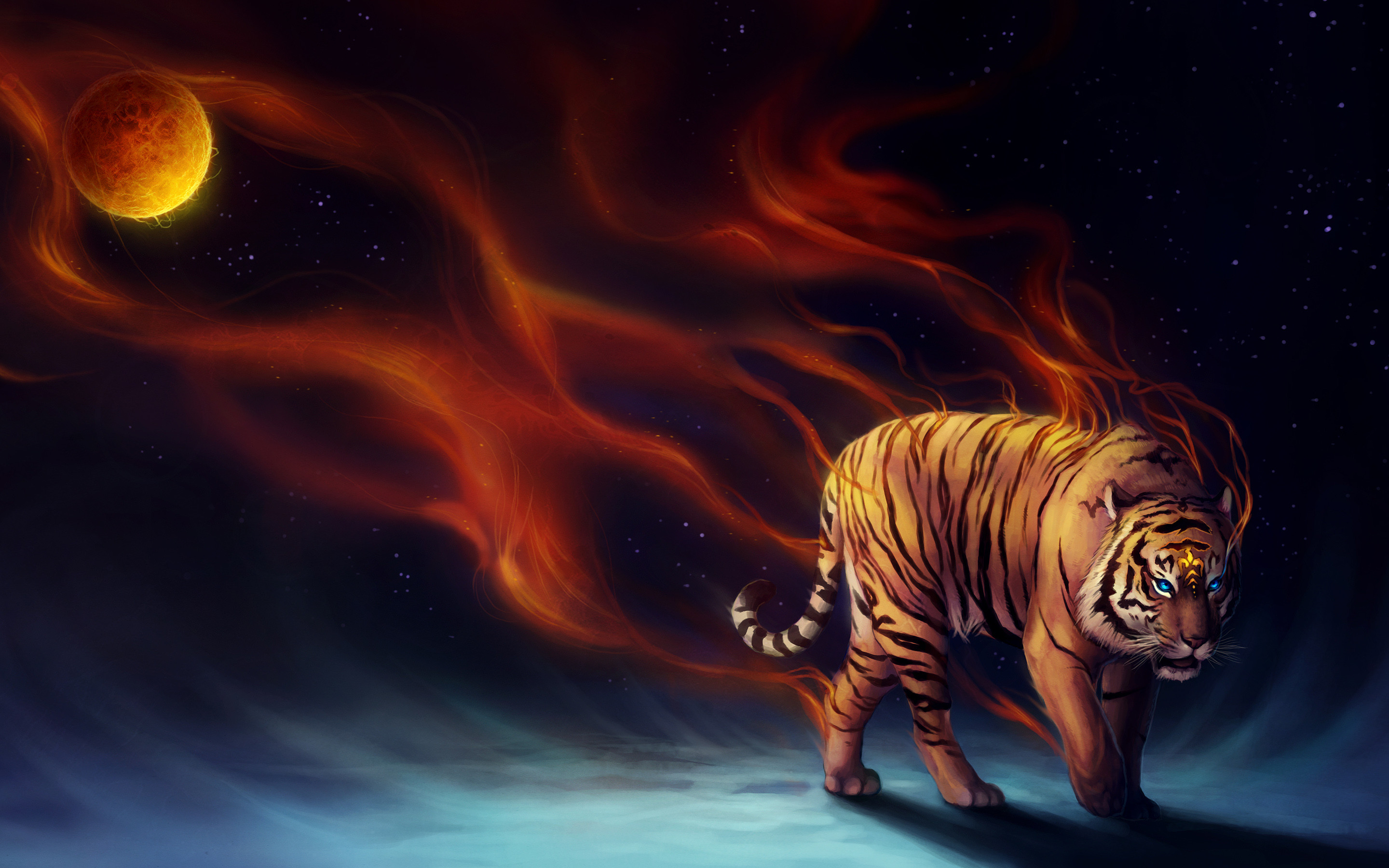 Tigre di fuoco, Fiamme, Luna, Arte fantasy, 2880x1800, immagine di sfondo