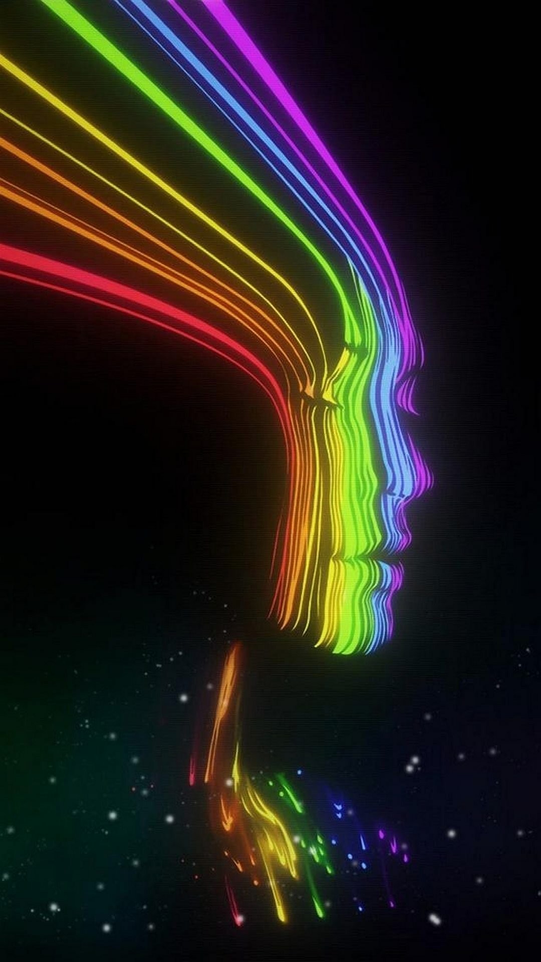 Profilo di volto, Linee arcobaleno, Neon, Sfondo nero, schermata Home del tablet