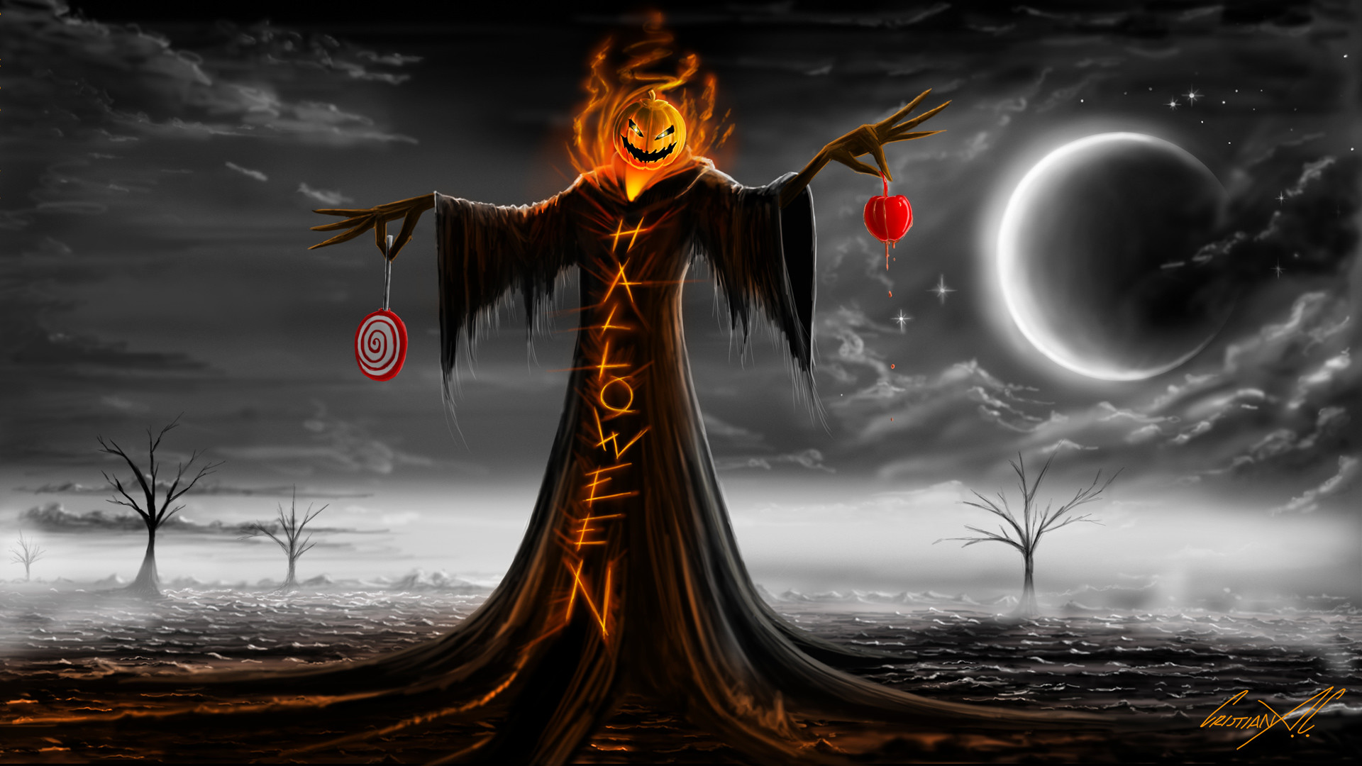 Spaventapasseri, Testa di zucca, Luna crescente, Grigio, Full HD, sfondo desktop