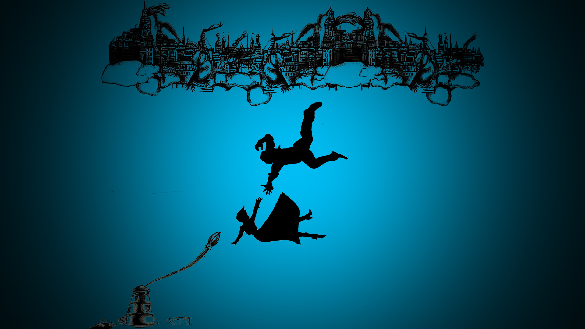 Booker DeWitt, Elizabeth, BioShock Infinite, Silhouette, Sfondo azzurro, wallpaper per portatile