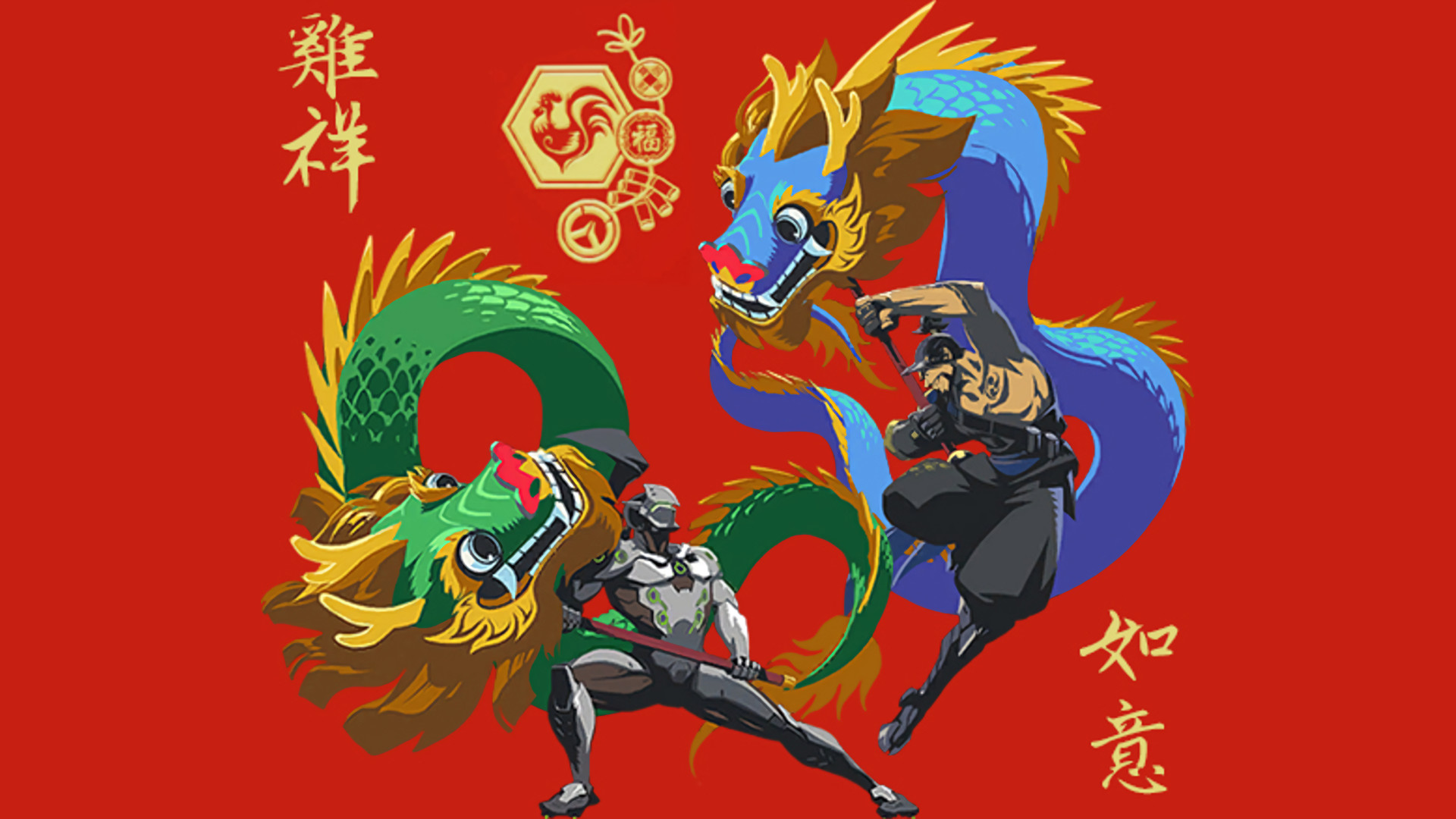 Genji, Hanzo, Overwatch, Draghi cinesi, Capodanno lunare, Full HD 1080p, sfondo desktop