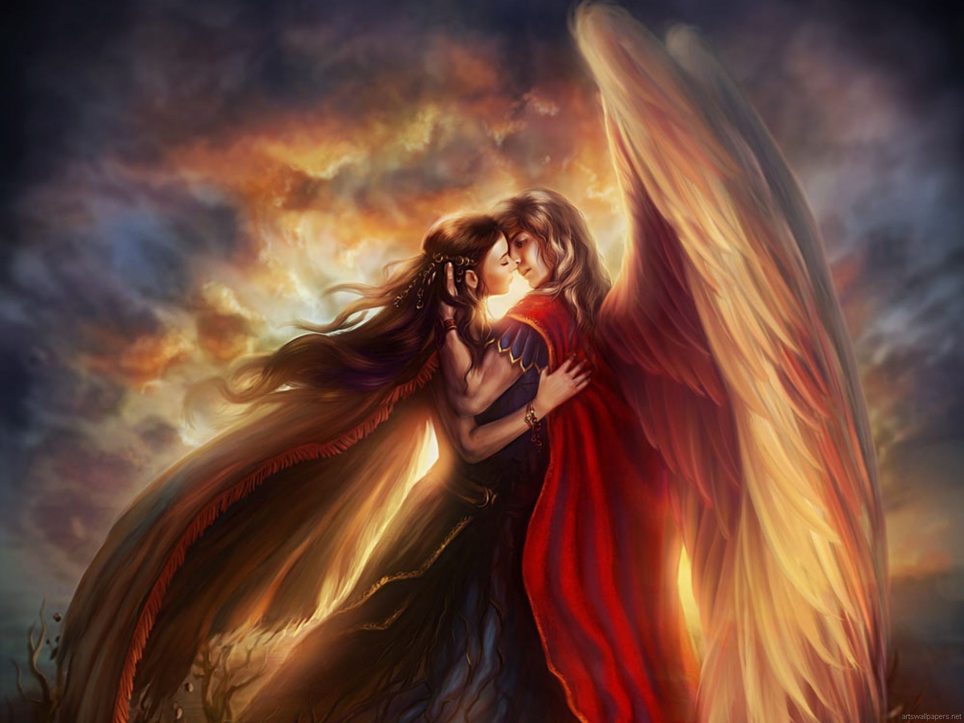 Angelo, Ali dorate, Abbraccio, Coppia, Arte fantasy, Full HD, schermata di blocco iPad