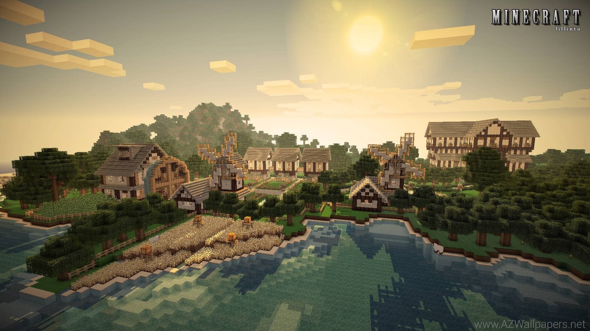 Minecraft, Villaggio, Lago, Sole, 1920x1080, immagine di sfondo