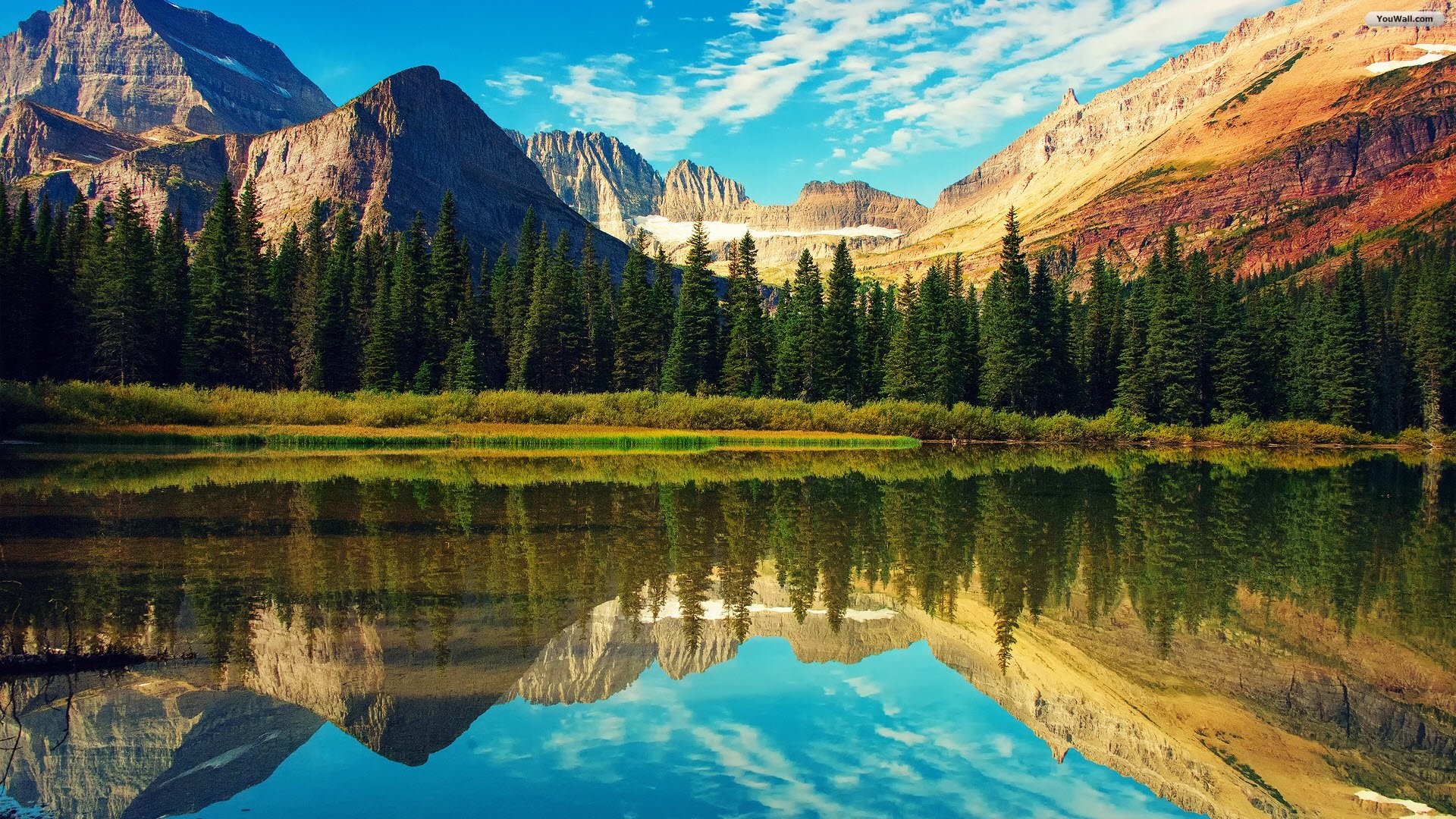 Glacier National Park, Lago di montagna, Riflesso, Pini, Vette, 16:9 Full HD, sfondo widescreen