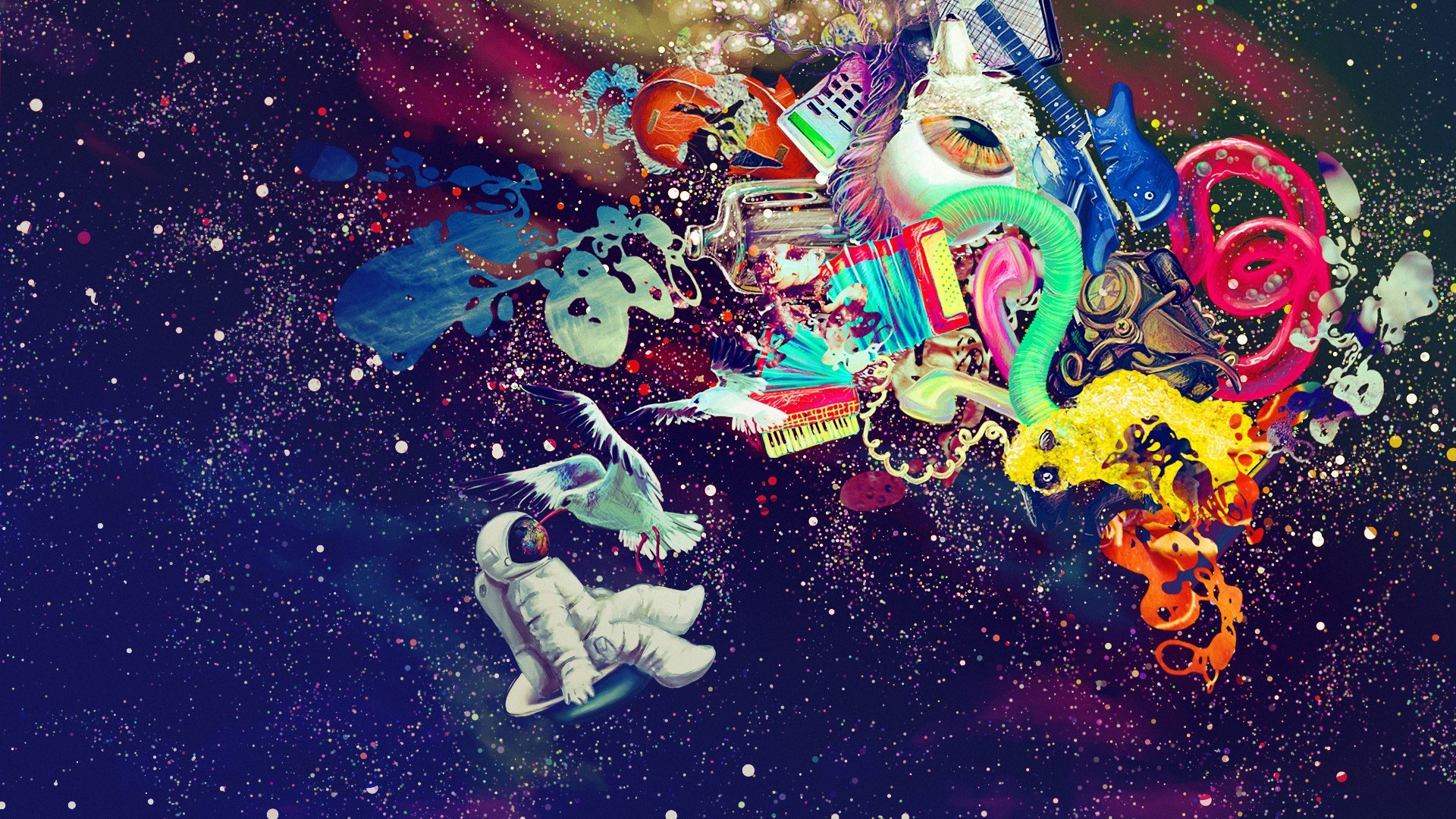 Astronauta, Spazio, Arte psichedelica, Collage, 16:9 Full HD, sfondo widescreen