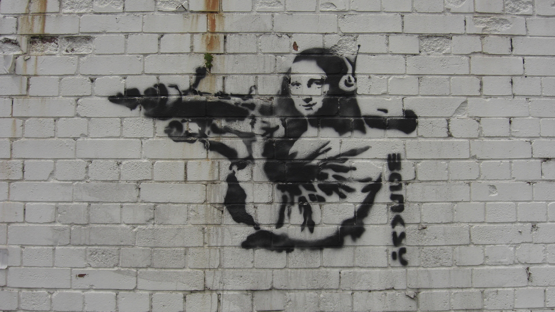 Banksy, Mona Lisa con bazooka, Gioconda, Stencil, Muro di mattoni, sfondo desktop 1080p