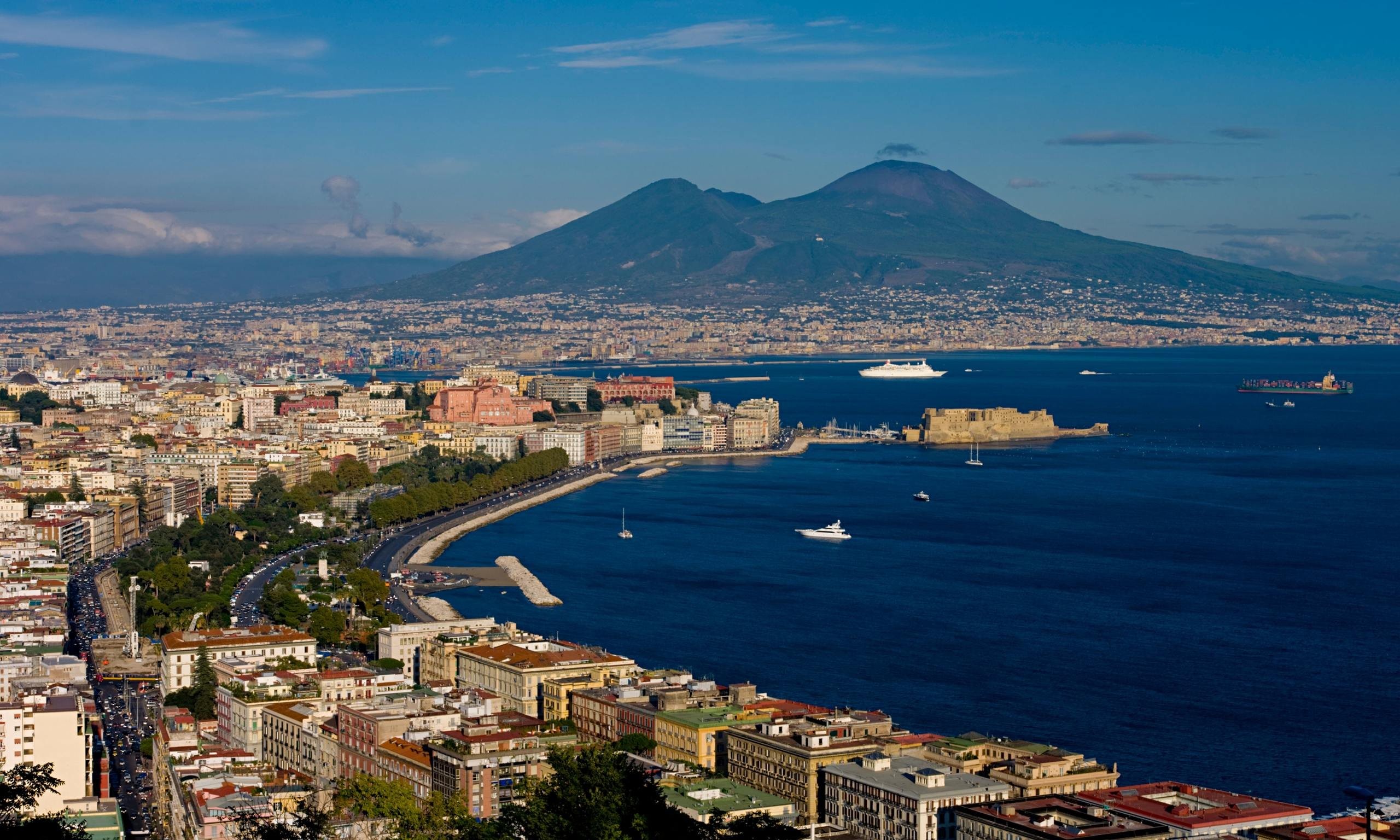 Napoli, Vesuvio, Golfo di Napoli, Castel dell'Ovo, Vista aerea, 2K, sfondo per PC e portatile