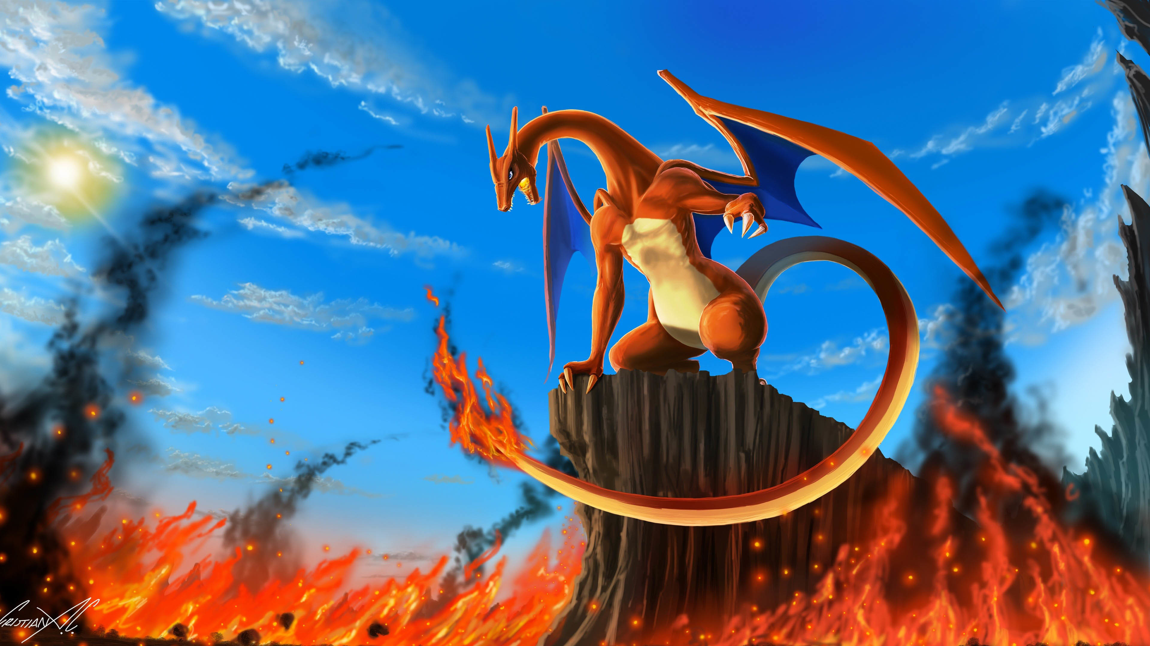 Charizard, Pokémon, Fuoco, Illustrazione, 4K, wallpaper per portatile