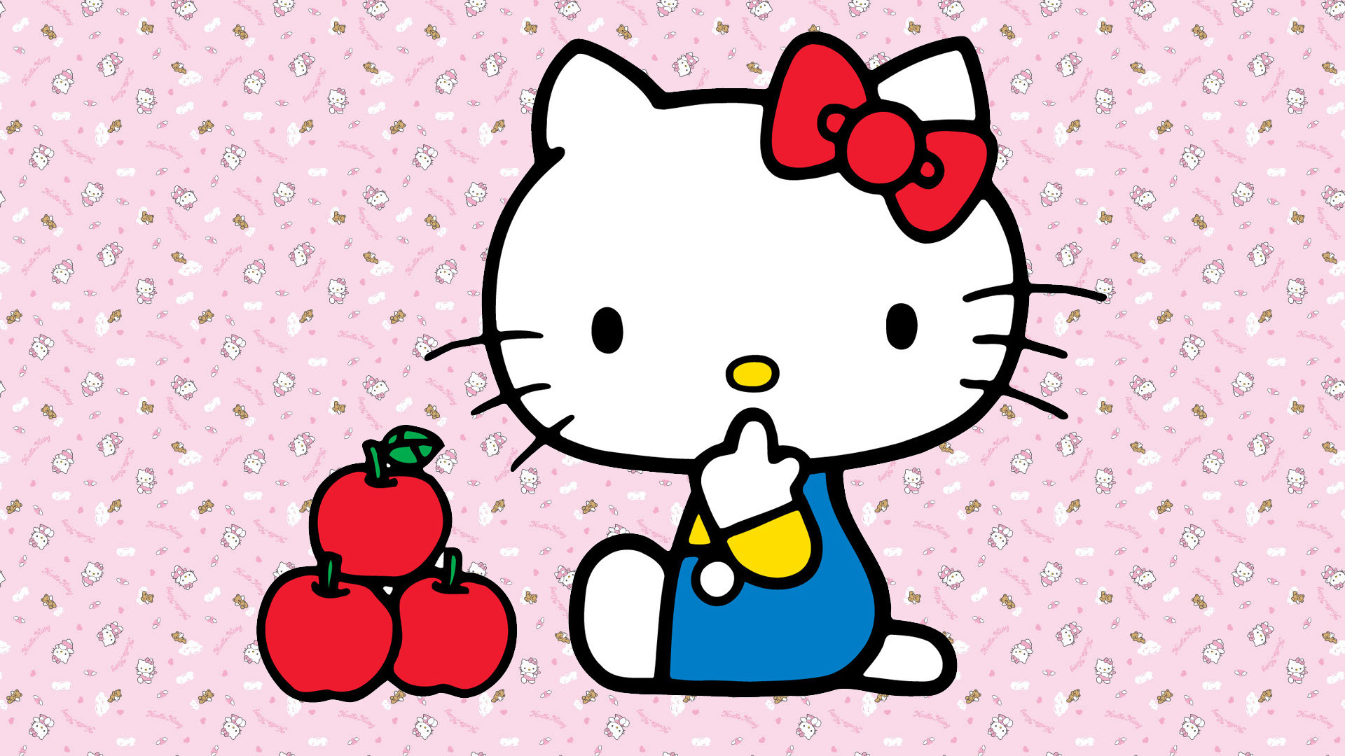 Hello Kitty, Mele rosse, Salopette blu, Fiocco rosso, Rosa, Full HD, sfondo per PC e portatile