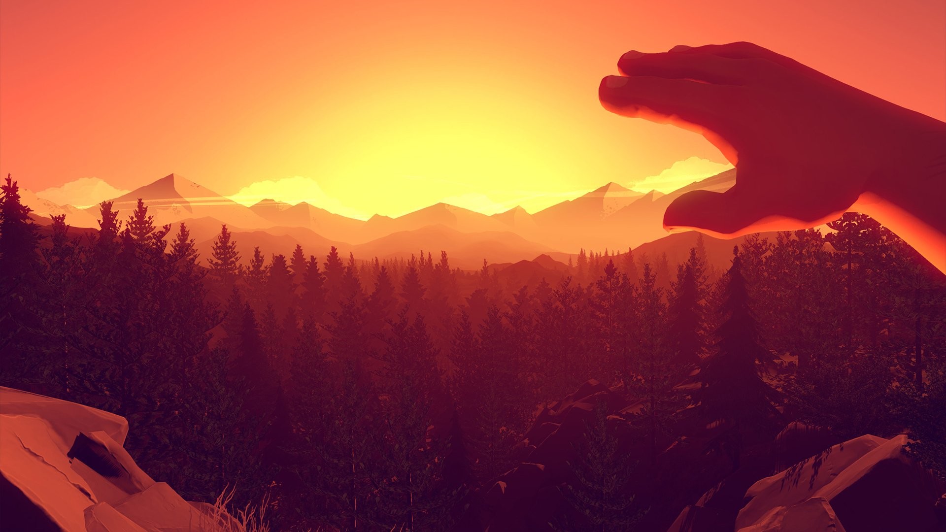 Firewatch, Mano, Tramonto, Foresta, Full HD, sfondo Windows 11