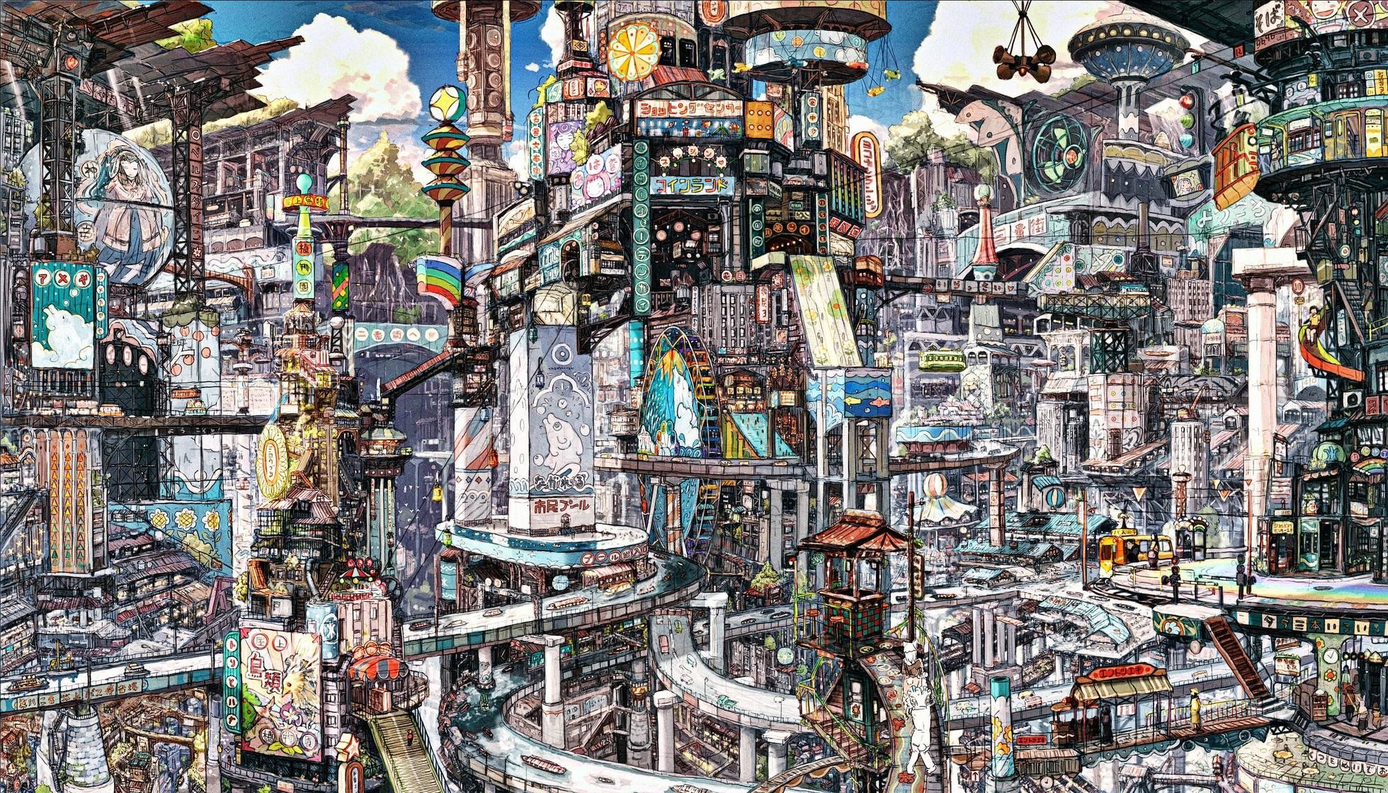 Città fantastica, Illustrazione, Dettagliato, Full HD, sfondo desktop