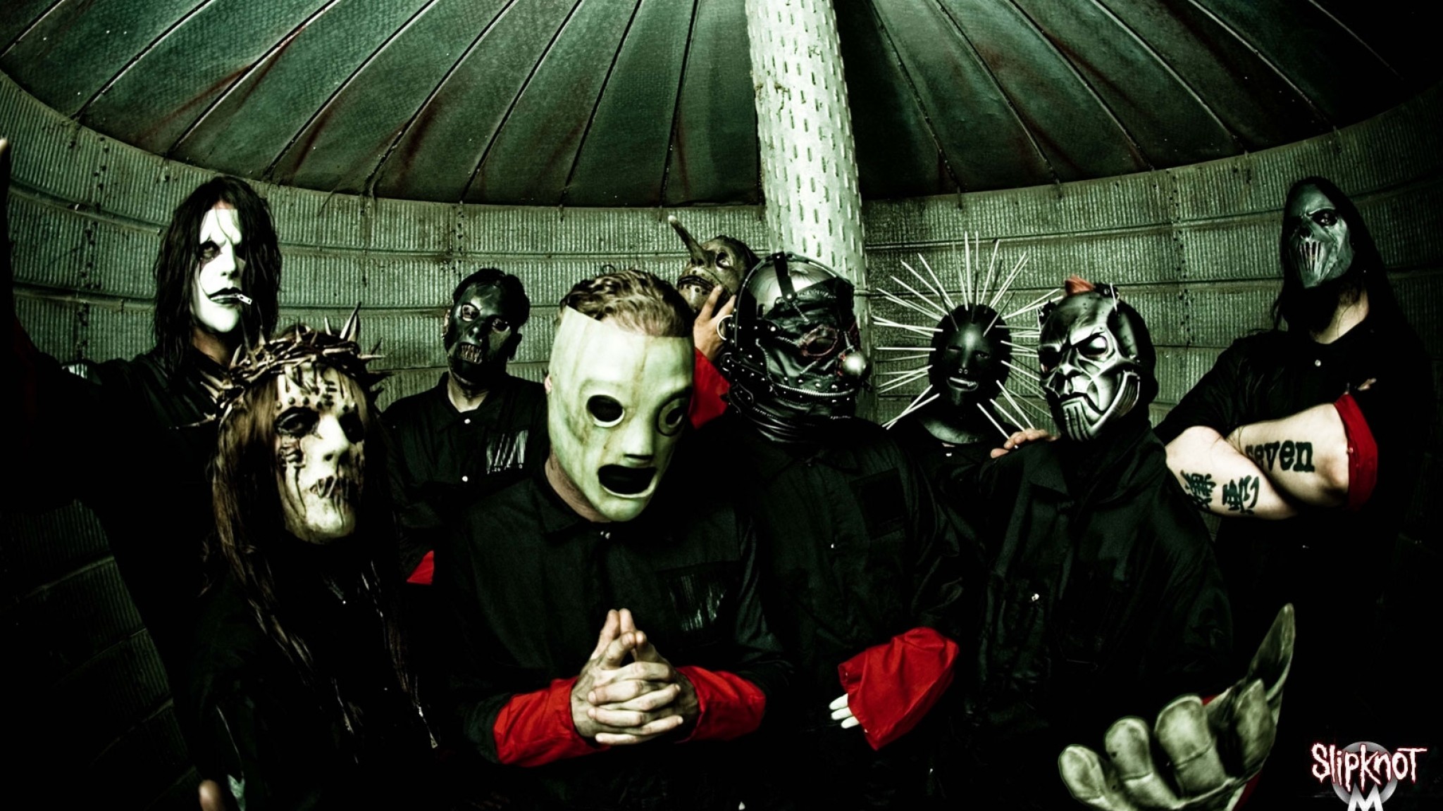 Slipknot, Corey Taylor, Foto di gruppo, Fisheye, 16:9 Full HD, sfondo widescreen