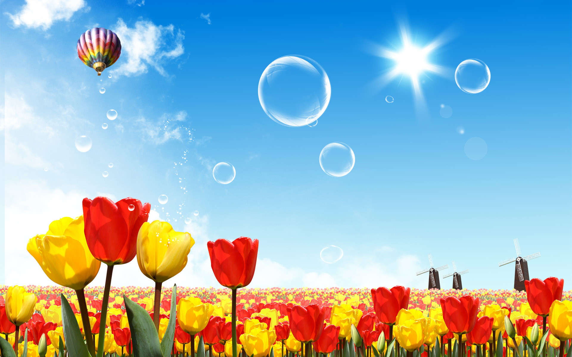 Tulipani, Mongolfiera, Bolle, Mulini a vento, Full HD, wallpaper per desktop