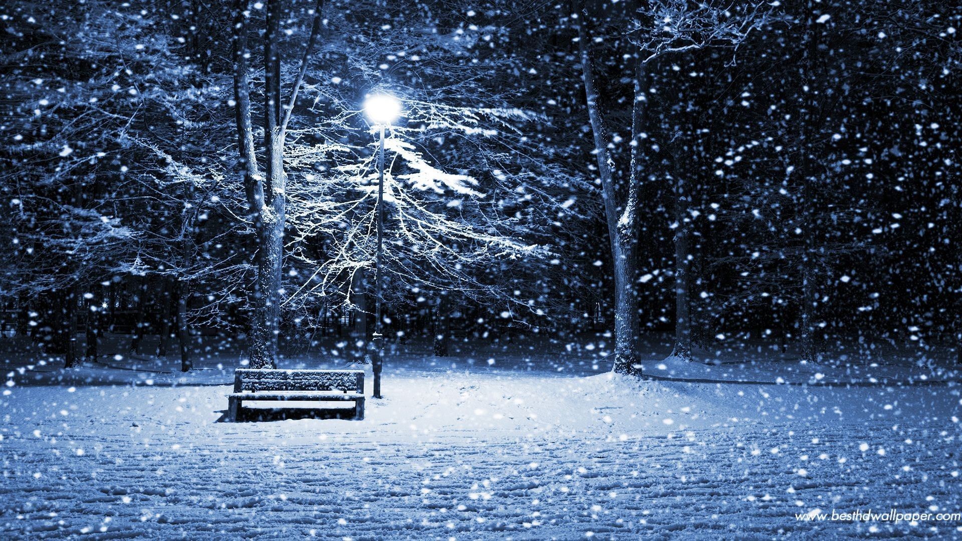 Parco innevato, Lampione, Panchina, Nevicata, Notte, Full HD 1080p, sfondo desktop