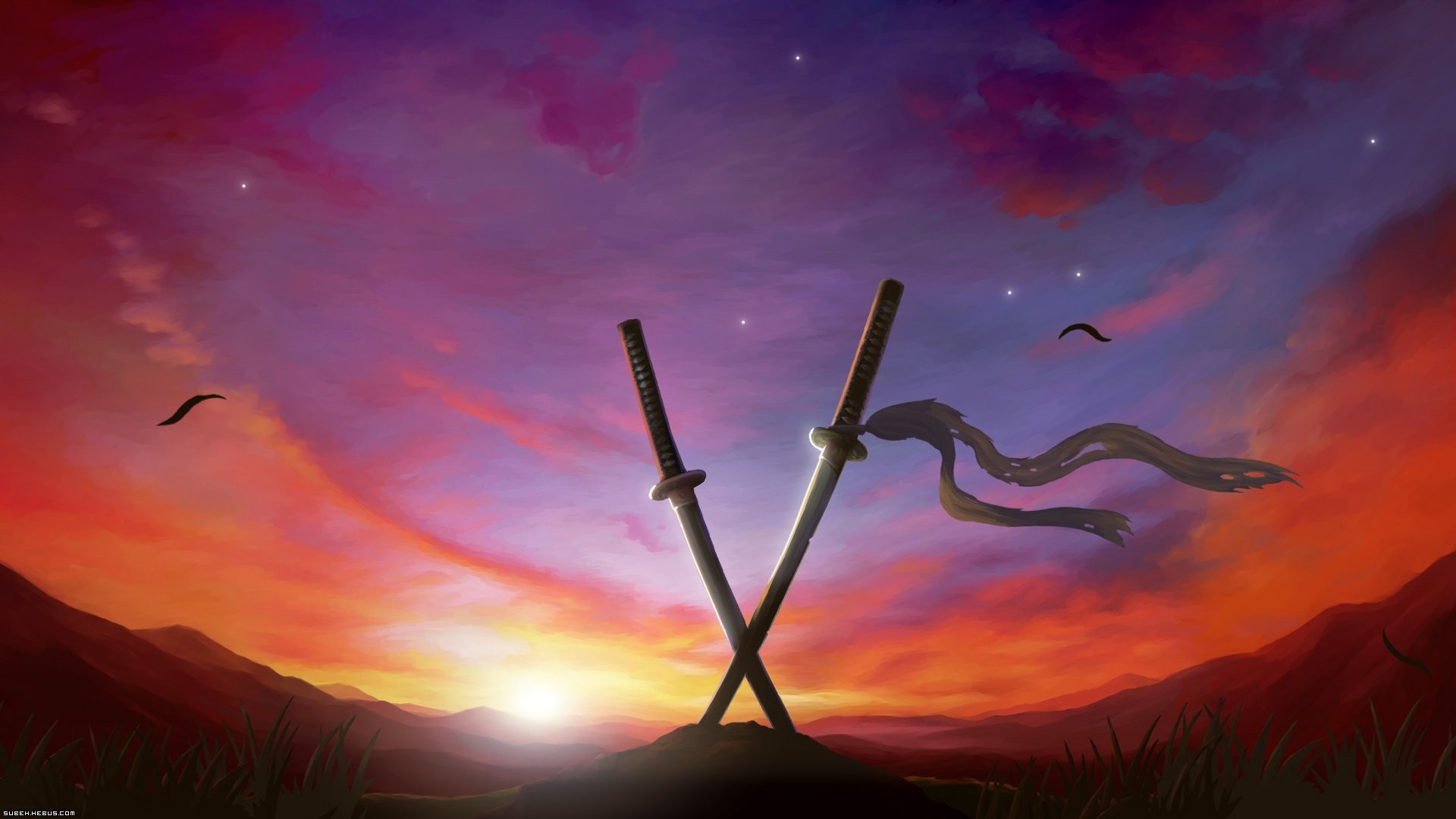 Katane, Tramonto, Spade incrociate, Illustrazione, Full HD, sfondo Windows 11