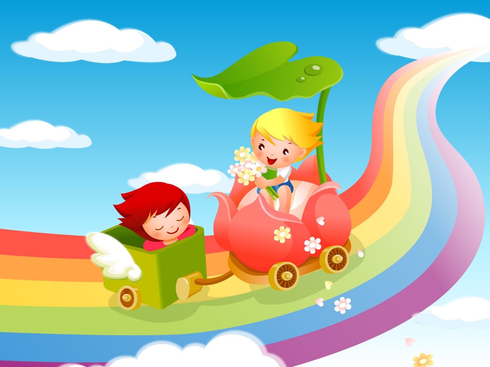 Bambini, Arcobaleno, Fiore, Nuvole, Cartone, sfondo per iPad e tablet