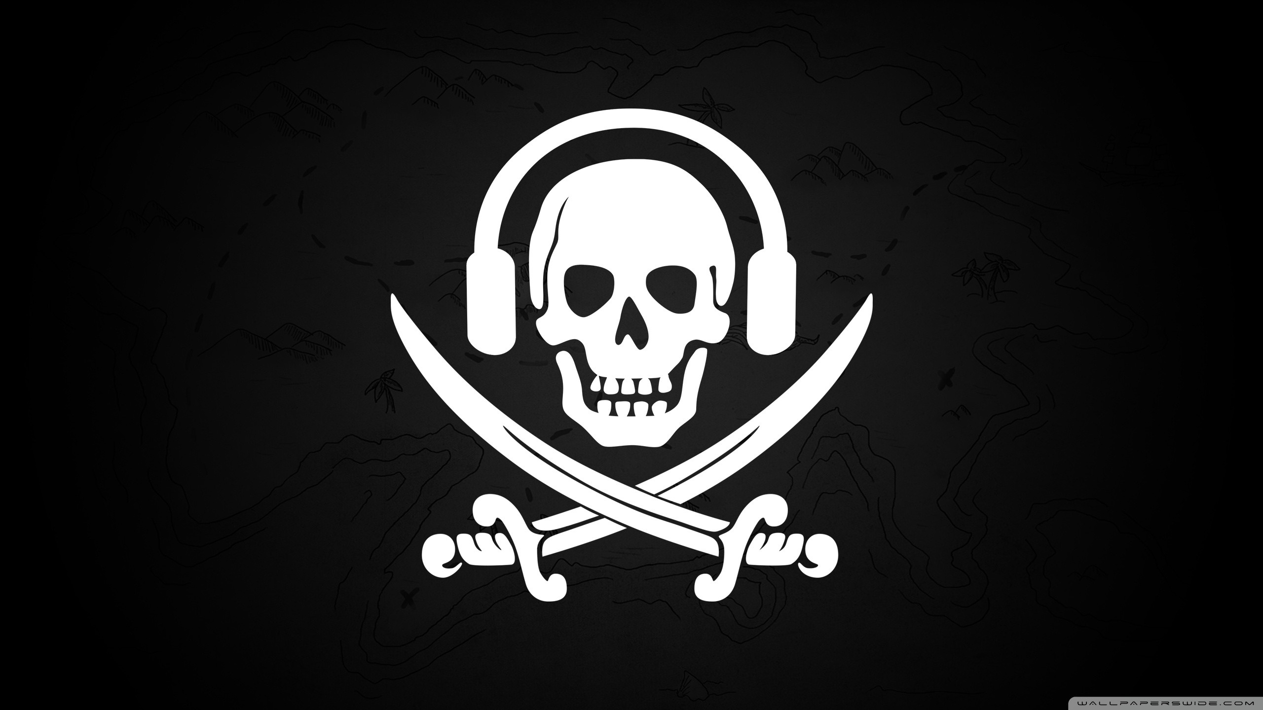 Jolly Roger, Teschio, Cuffie, Sciabole, Sfondo nero, 2K, wallpaper per computer