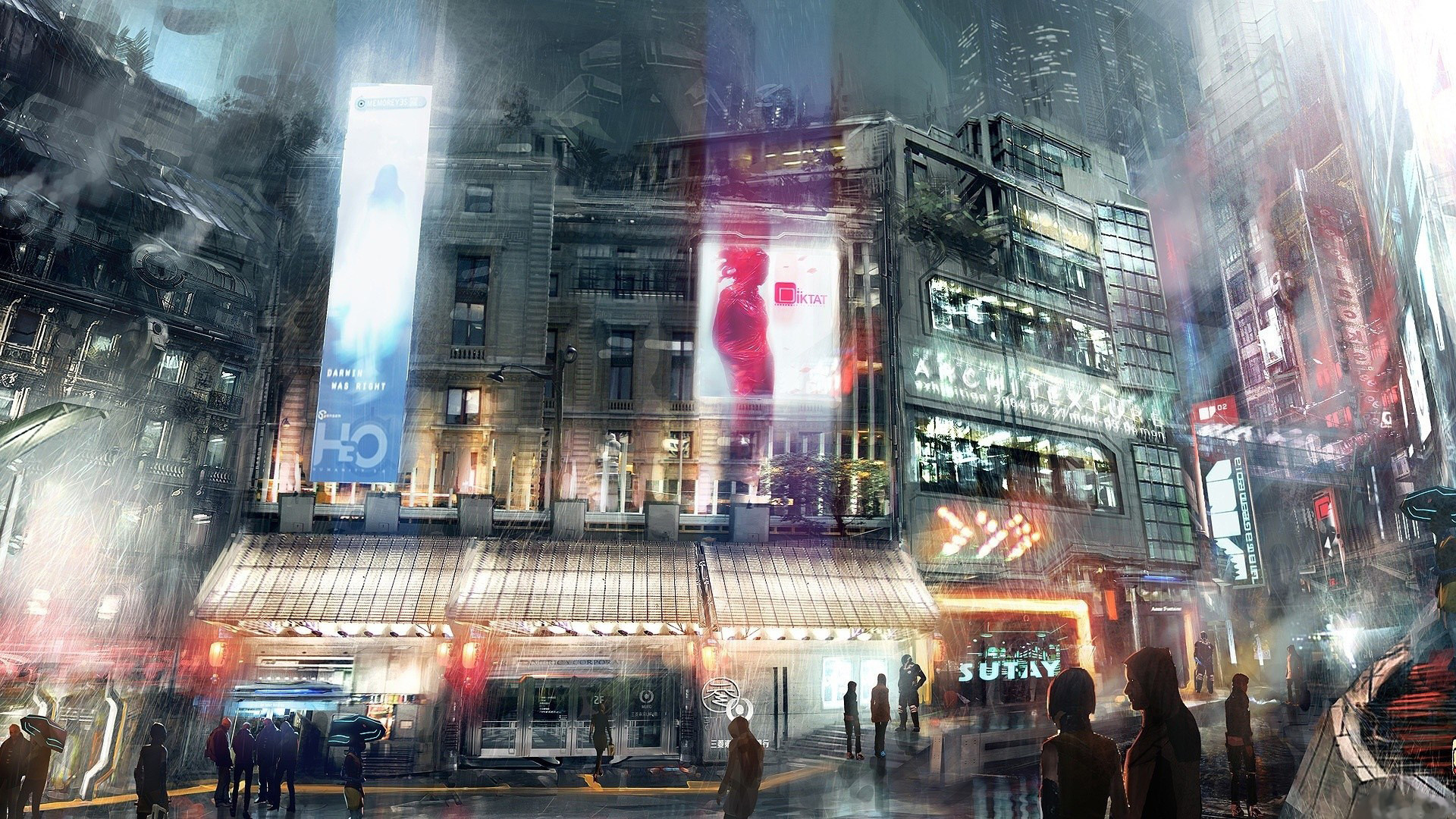 Città futuristica, Cyberpunk, Strada, Insegne luminose, Fantascienza, sfondo 1920x1080 per PC