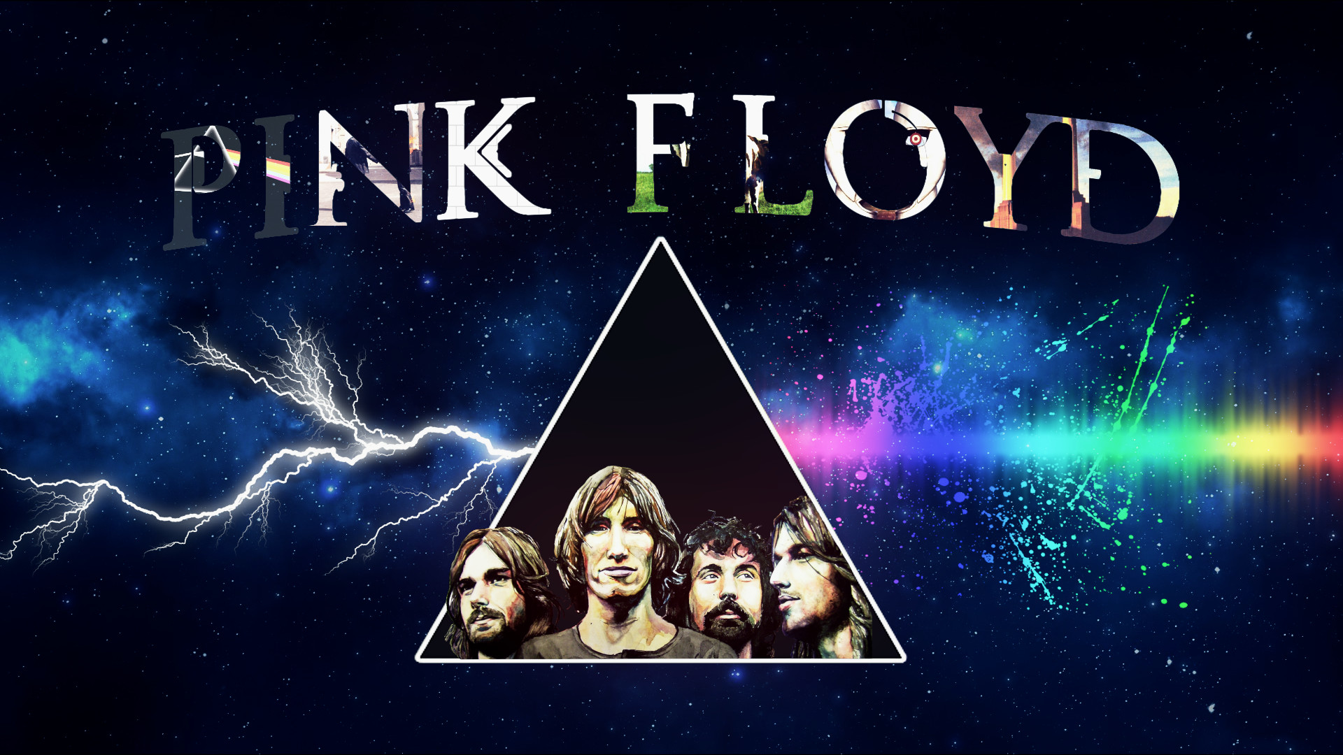 Pink Floyd, Membri della band, Prisma, Fulmini, Spazio, Full HD, sfondo Windows 11