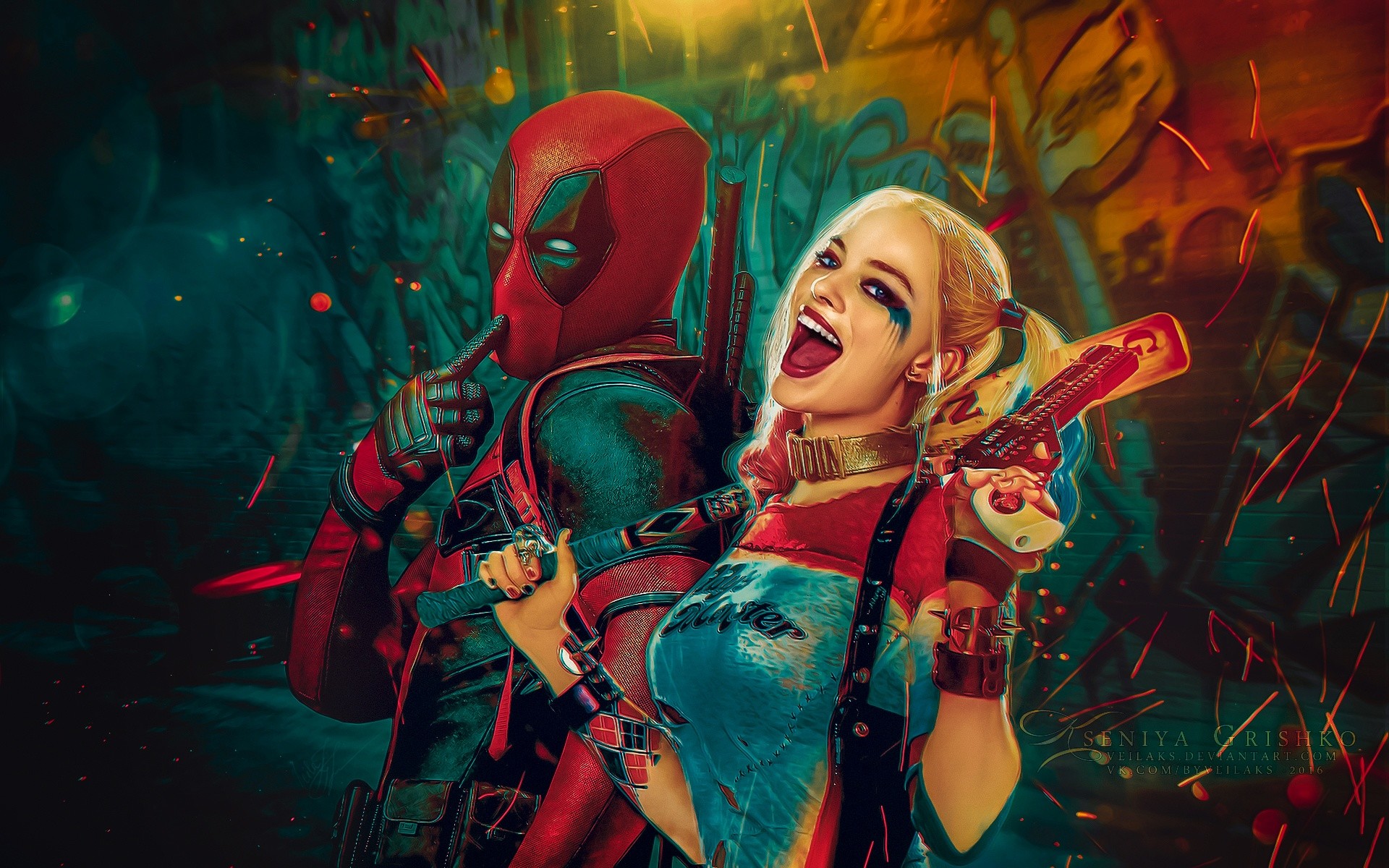 Harley Quinn, Deadpool, Margot Robbie, Crossover, Arte digitale, sfondo Windows 11