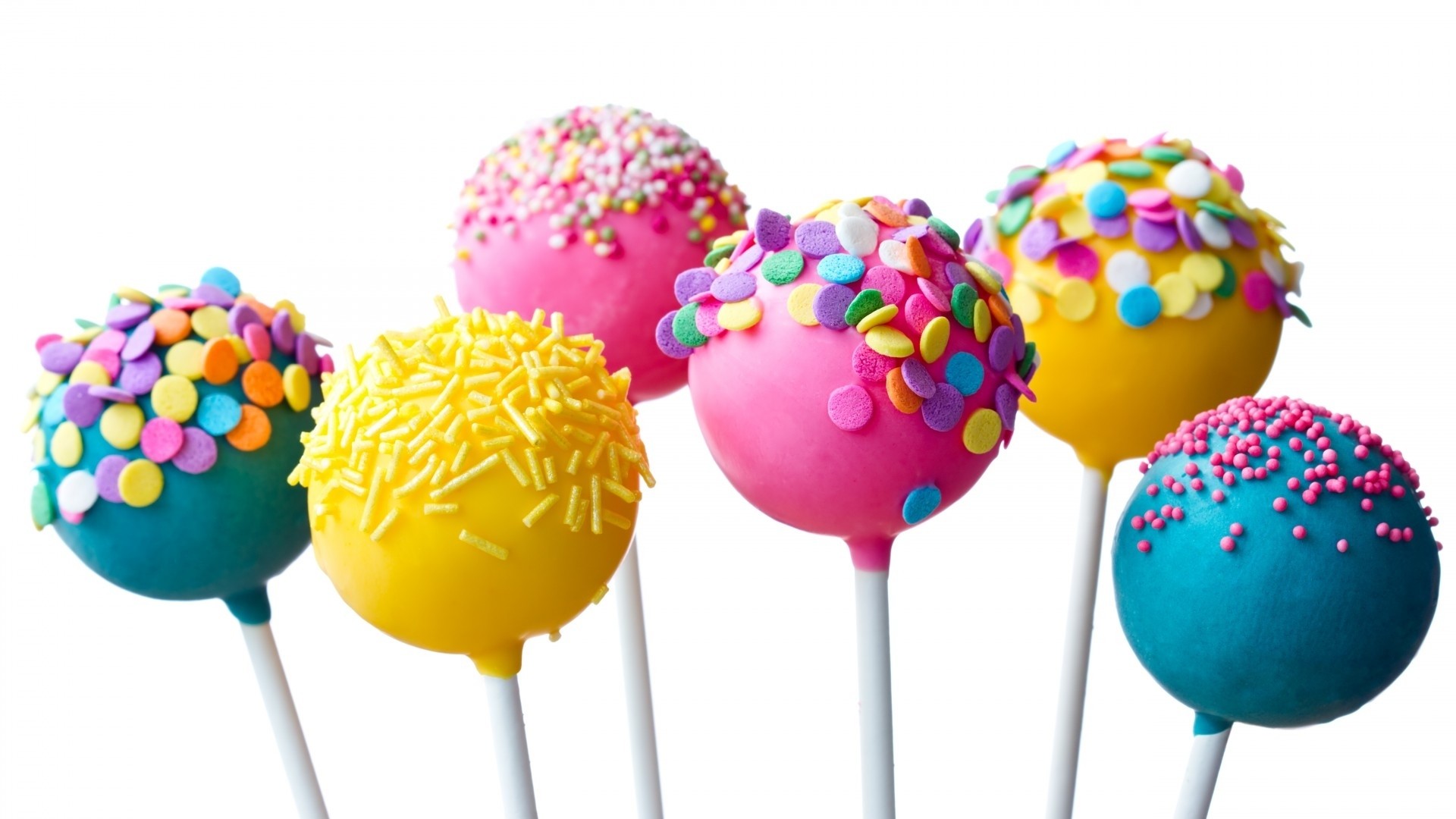 Cake pop, Zuccherini colorati, Dolci, Sfondo bianco, 16:9 Full HD, wallpaper widescreen