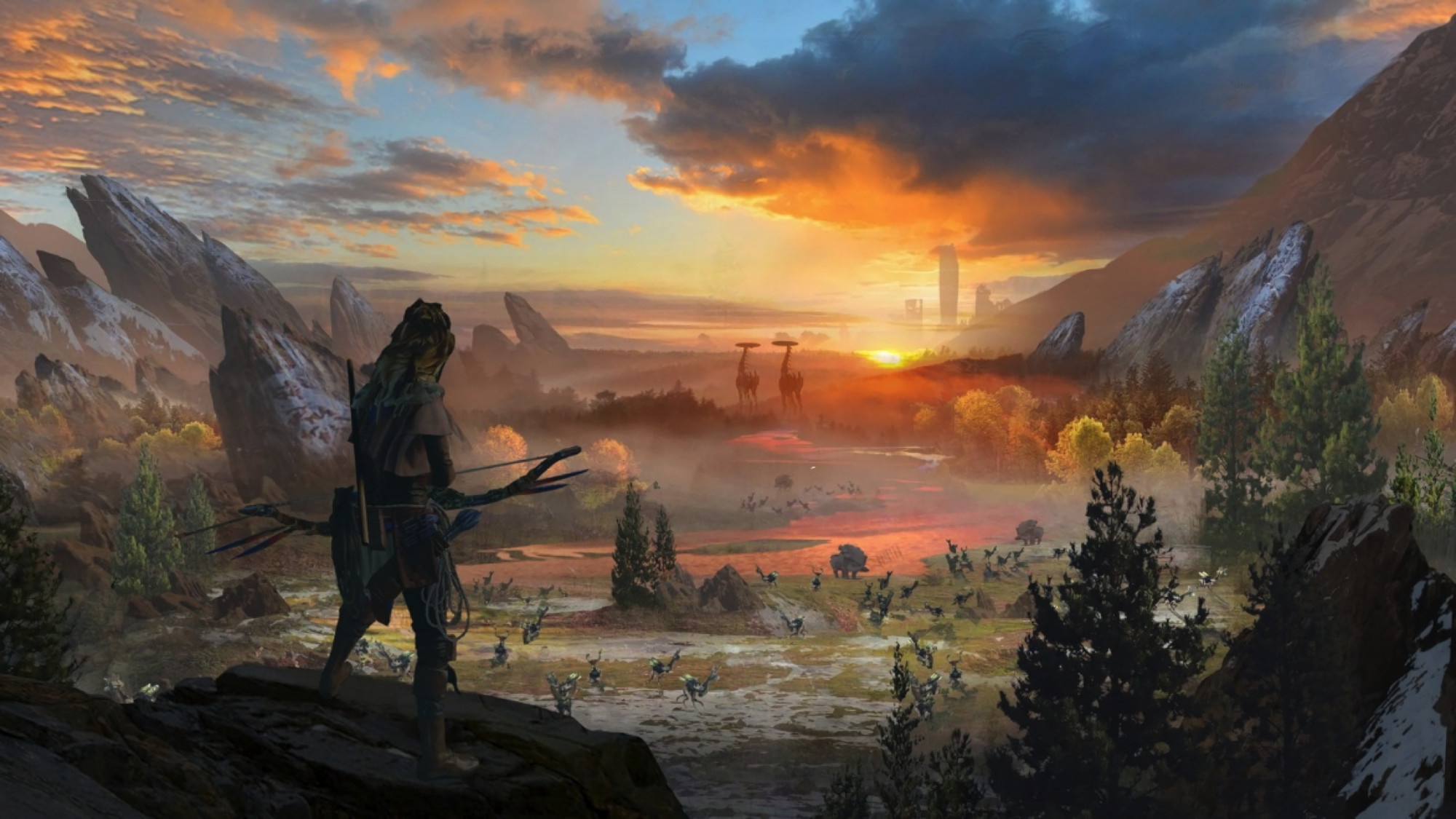 Horizon Zero Dawn, Aloy, Videogioco, Tramonto, Full HD, sfondo per portatile