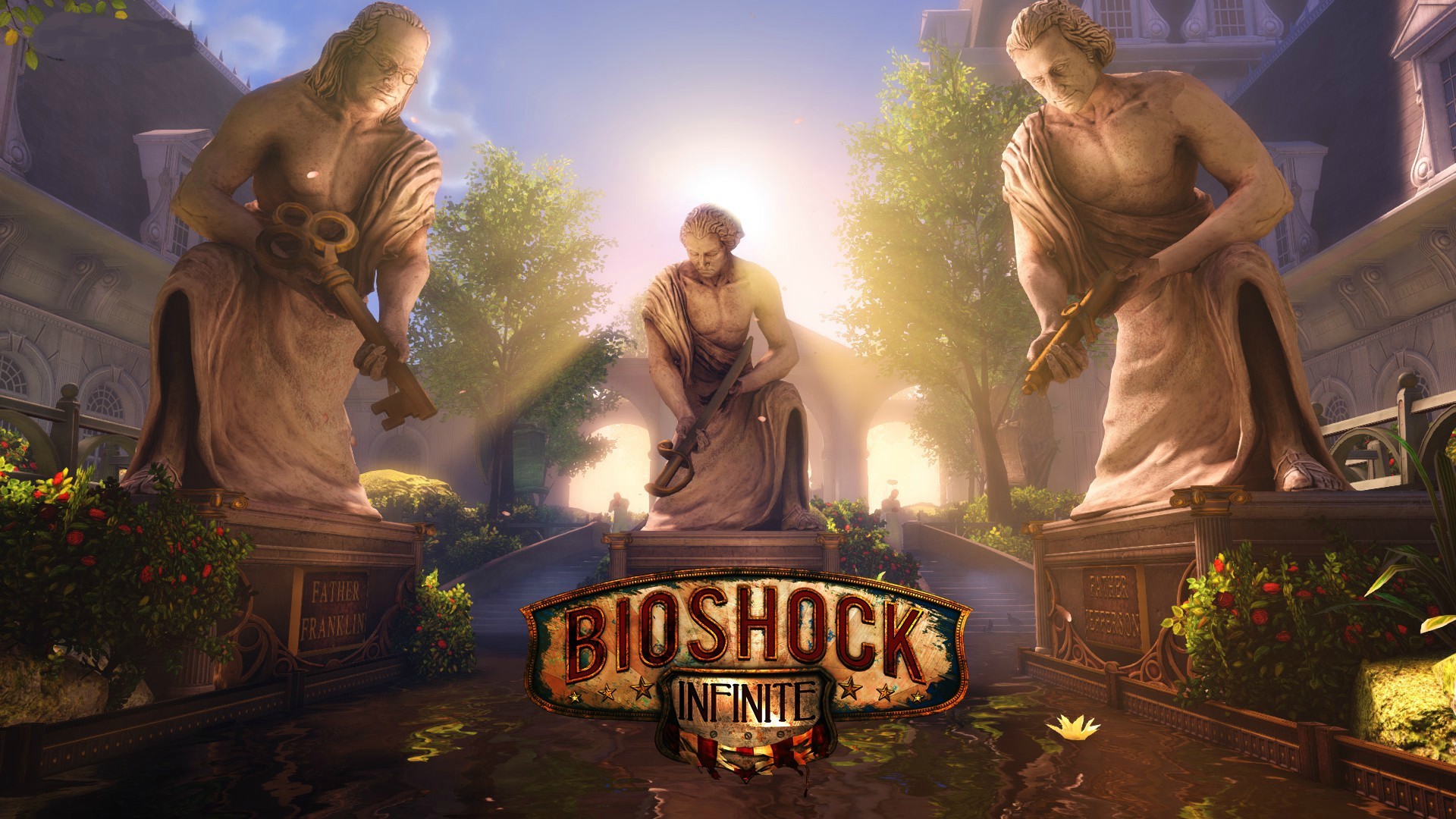 BioShock Infinite, Columbia, Logo, Statue, Giardino, Full HD, sfondo desktop