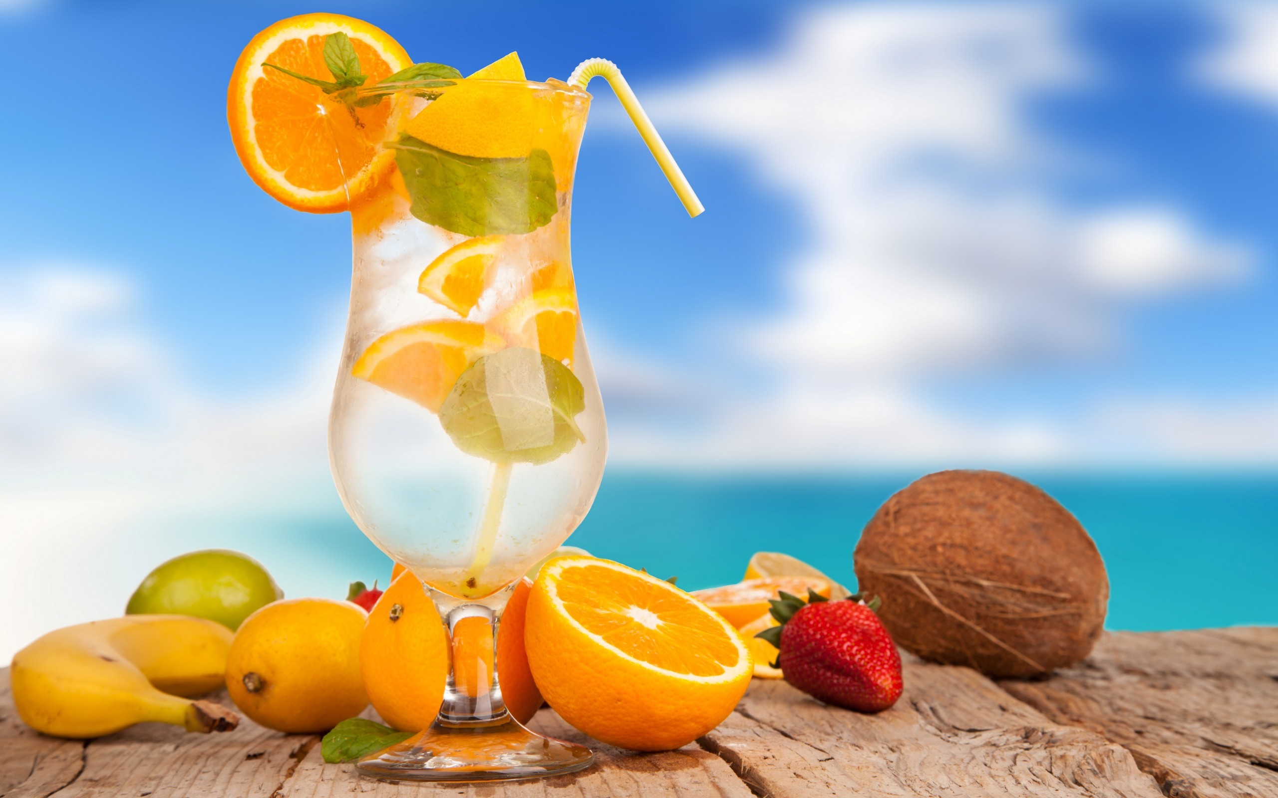 Limonata all'arancia, Cocktail, Frutta, Noce di cocco, Mare, 2K, sfondo desktop