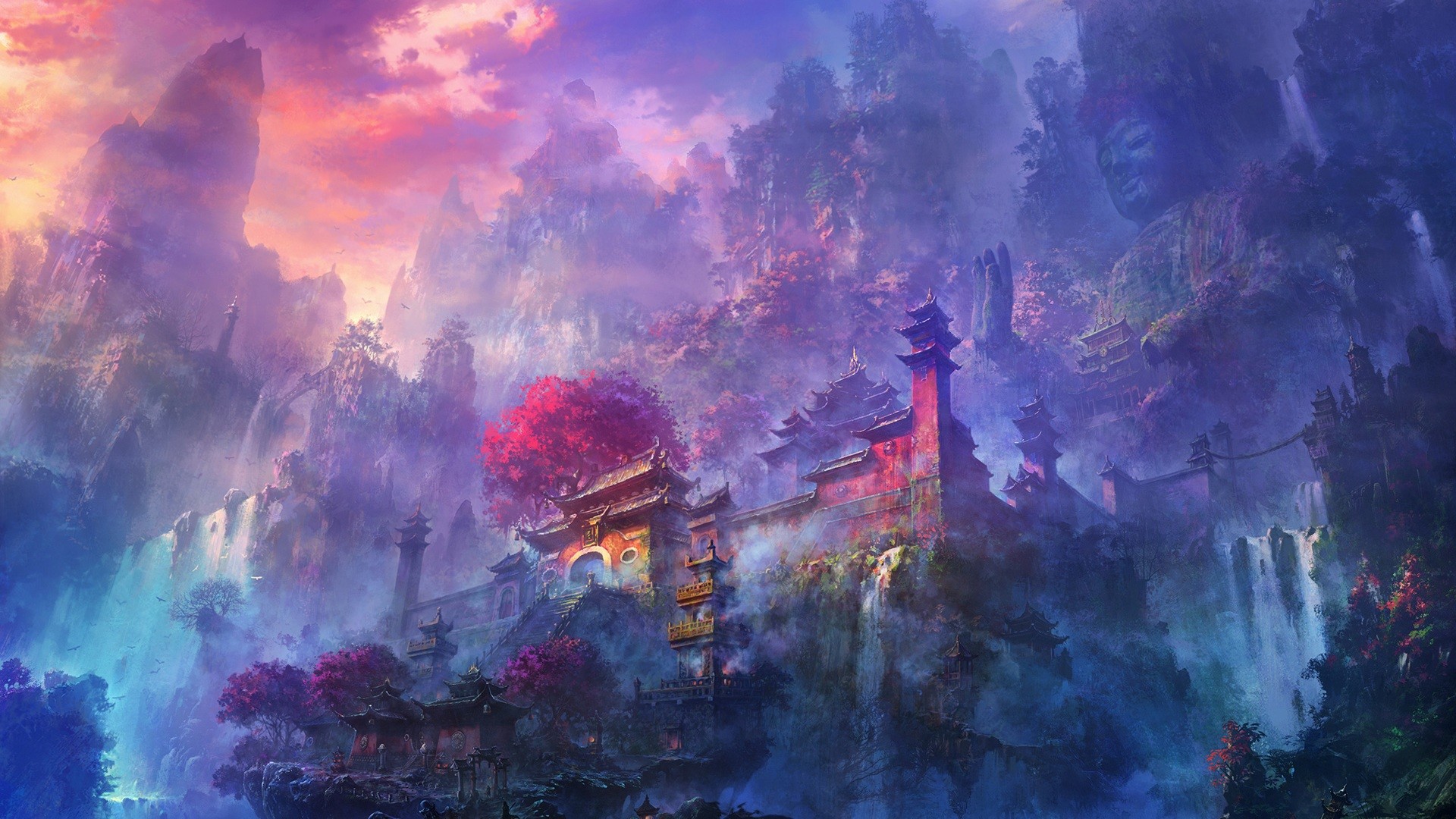 Pagoda, Paesaggio fantasy, Cascate, Acquerello, Viola, Full HD, wallpaper per computer
