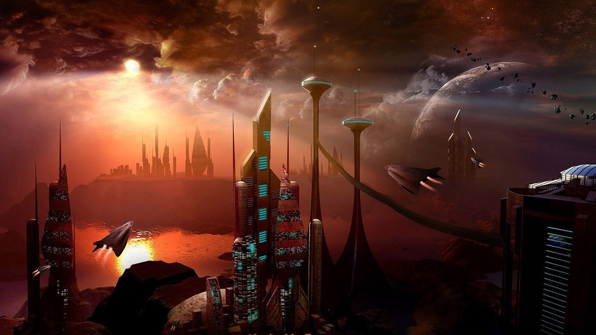 Città futuristica, Tramonto, Astronavi, Pianeti, Arancione, 1920x1080, sfondo per PC