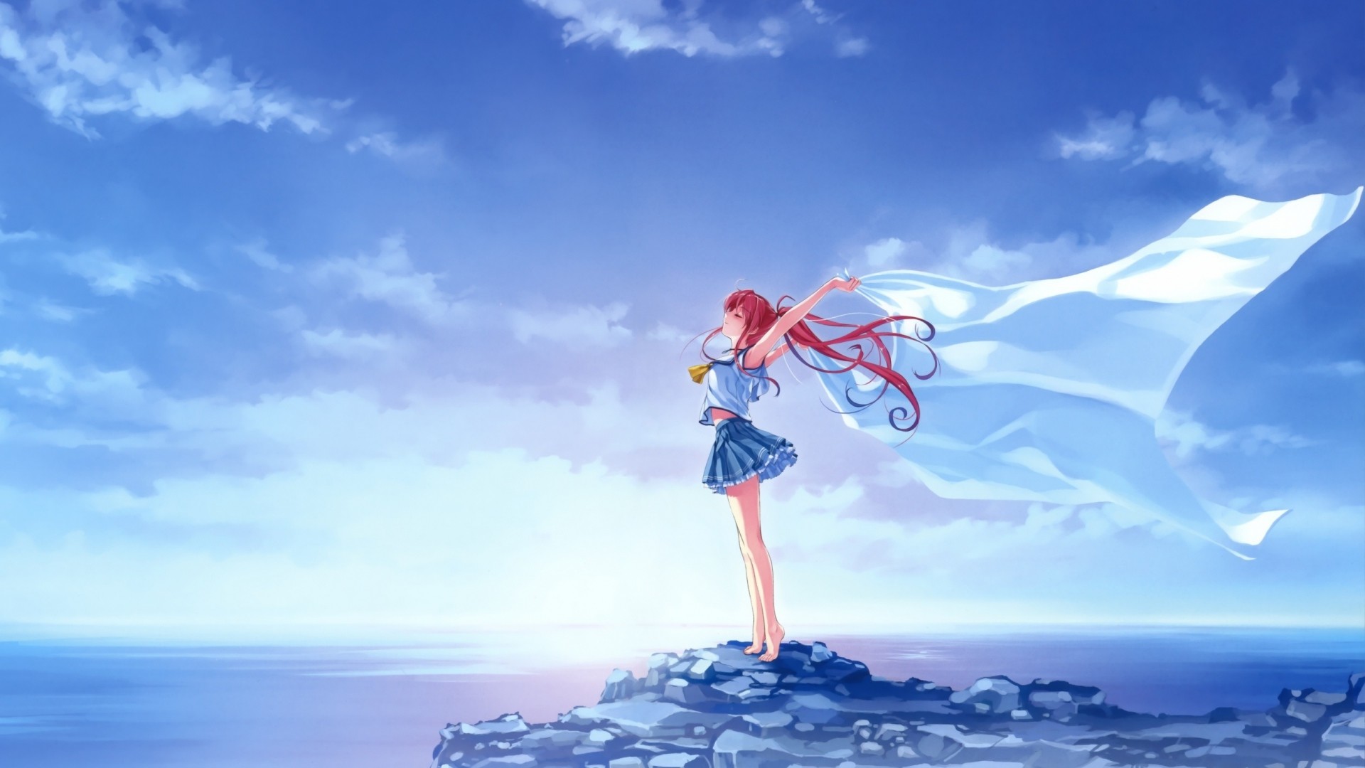Ragazza anime, Capelli rossi, Sciarpa al vento, Mare, Cielo, 16:9 Full HD, wallpaper widescreen