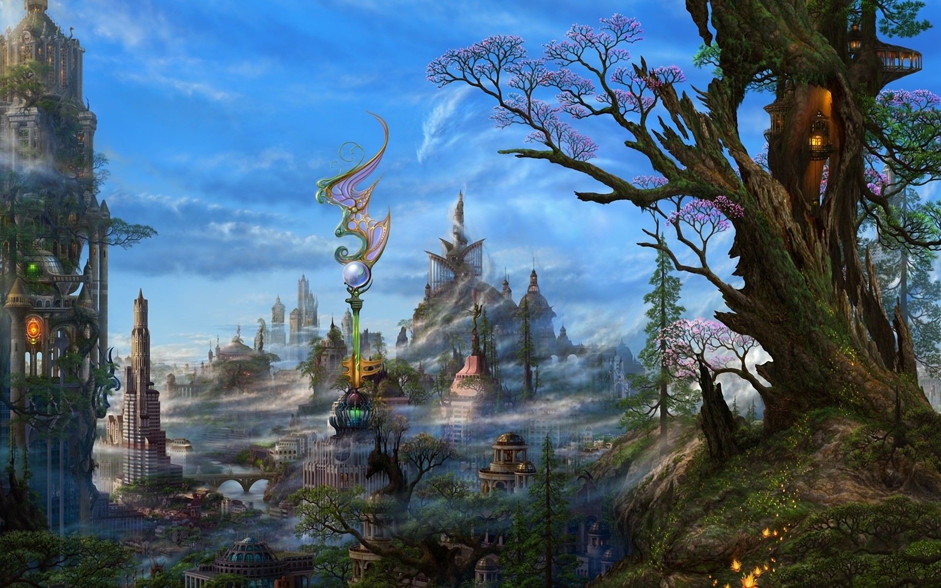 Città fantasy, Albero, Fantasy, Pittura digitale, 16:10 Full HD, sfondo widescreen