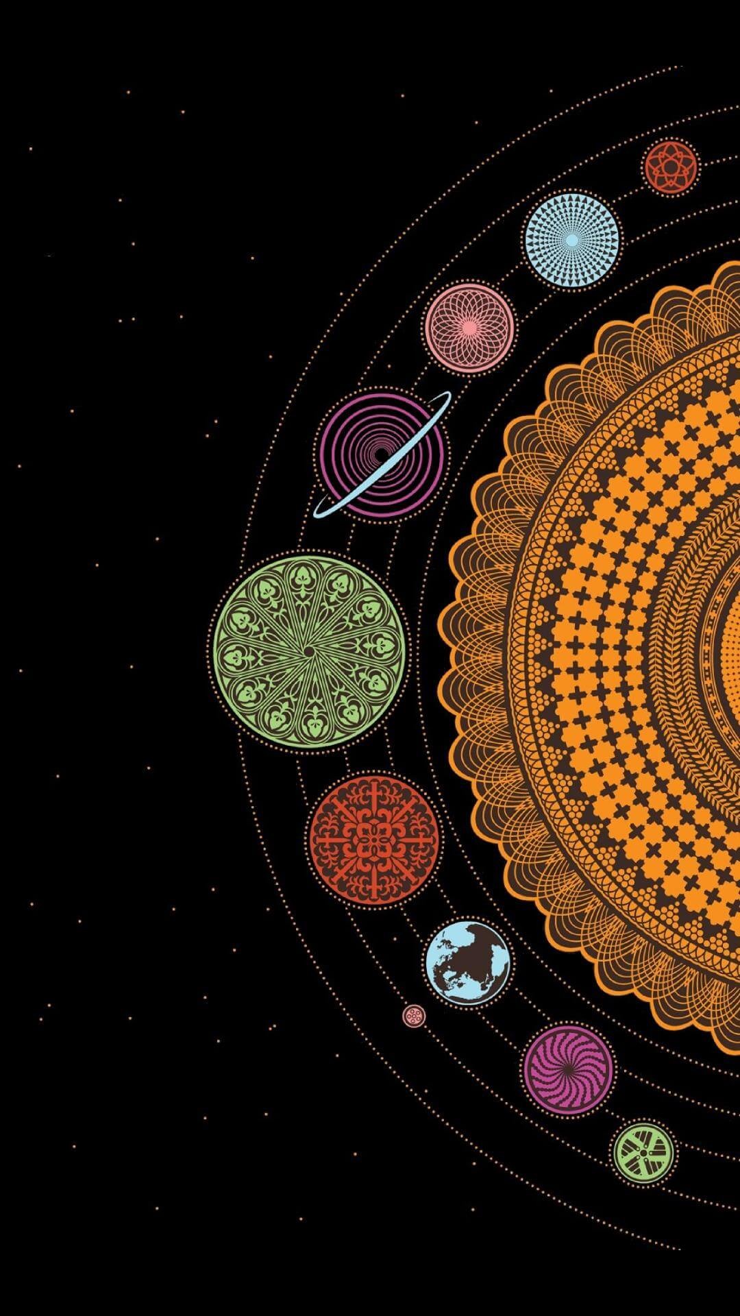 Mandala, Pianeti, Sistema solare, Sfondo nero, Arte grafica, Full HD, schermata di blocco del cellulare