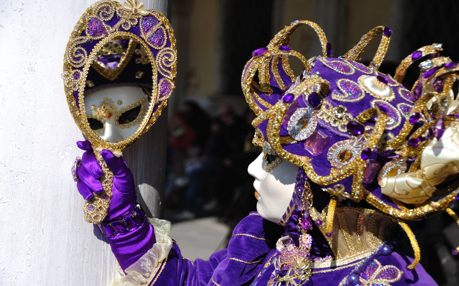 Carnevale di Venezia, Maschere, Costume viola, Specchio, Full HD, sfondo per portatile