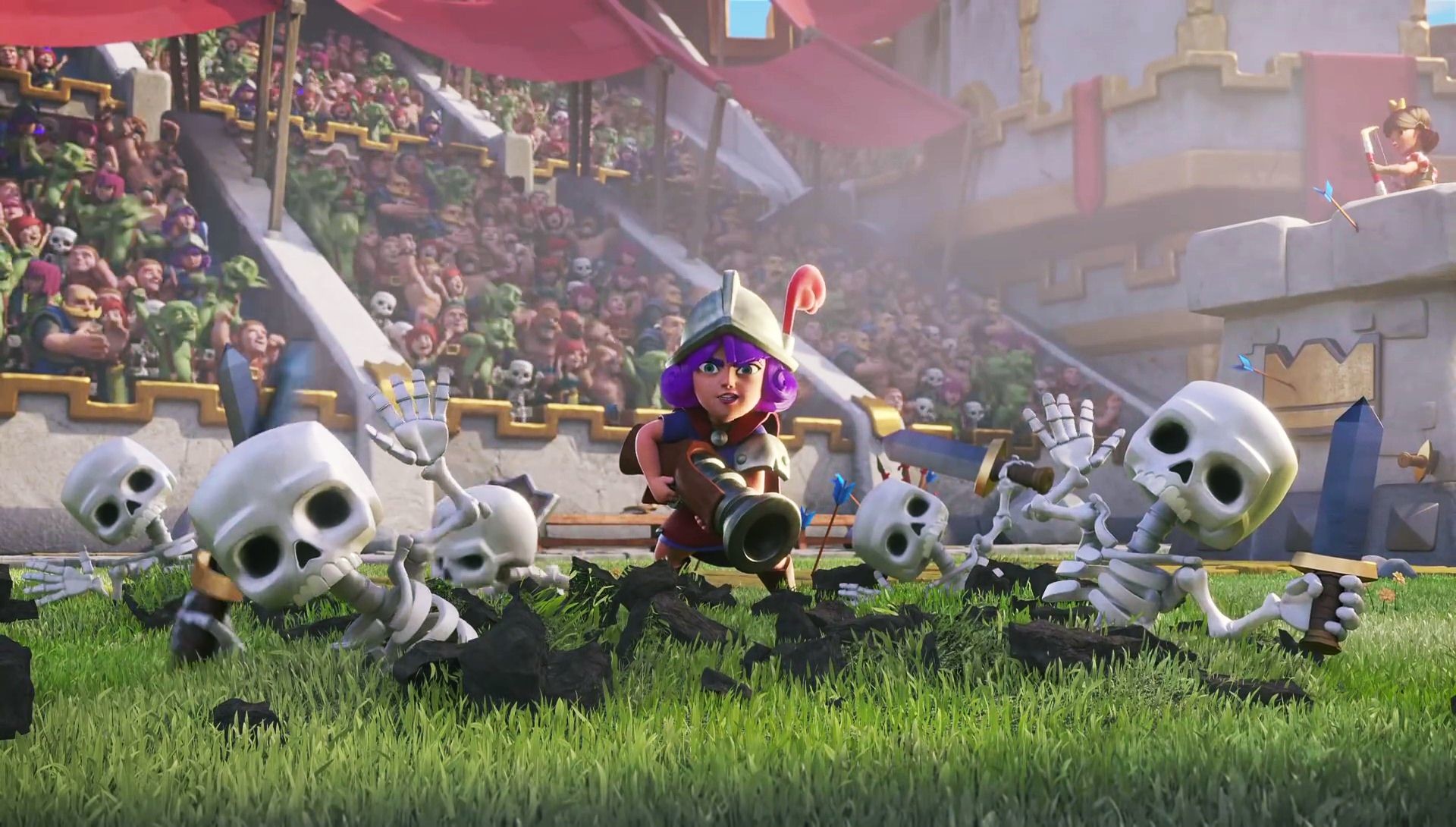 Clash Royale, Esercito di scheletri, Moschettiera, Arena, Battaglia, sfondo desktop Full HD