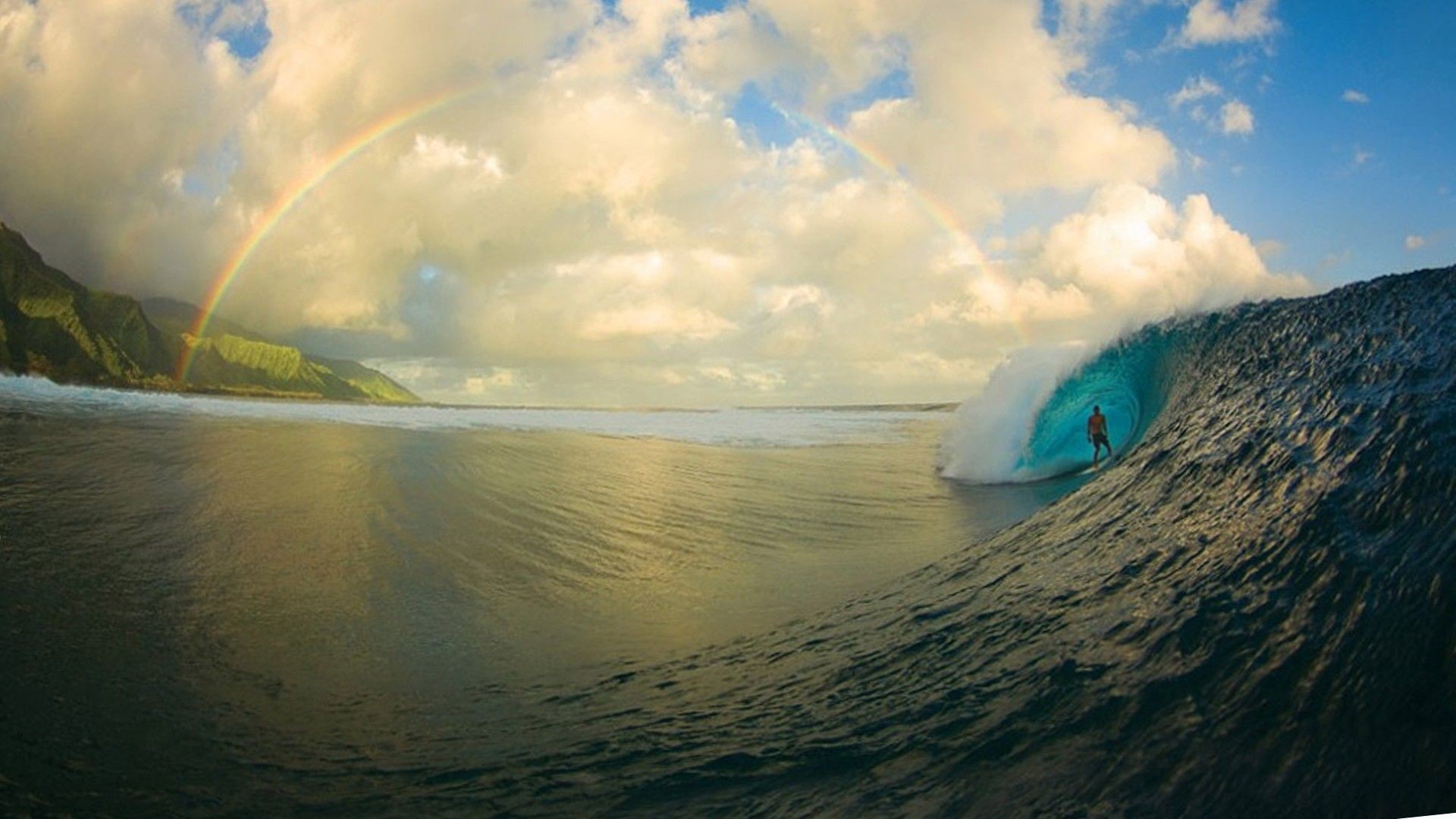 Surfista, Onda tubolare, Arcobaleno, Montagne, Full HD 1080p, sfondo desktop