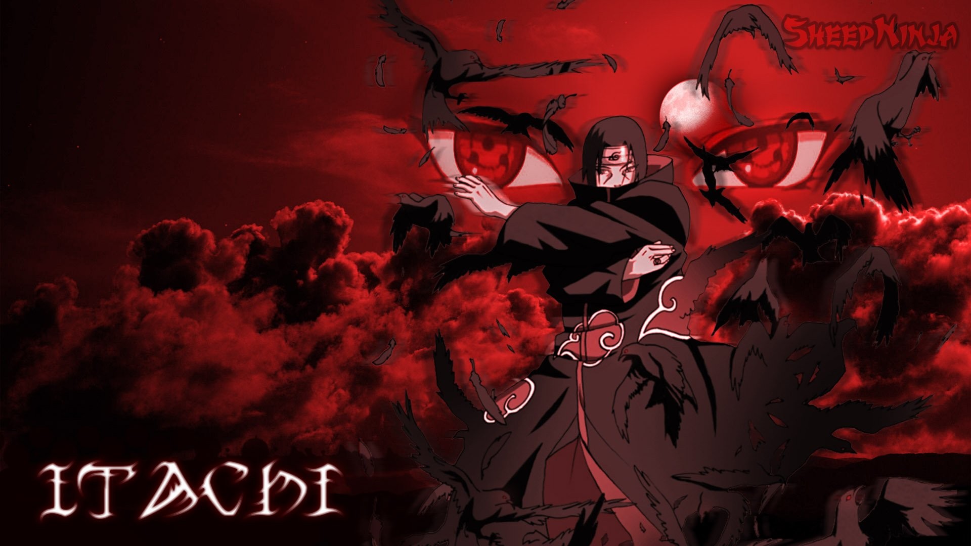 Itachi Uchiha, Akatsuki, Sharingan, Sfondo rosso, Full HD, wallpaper per portatile