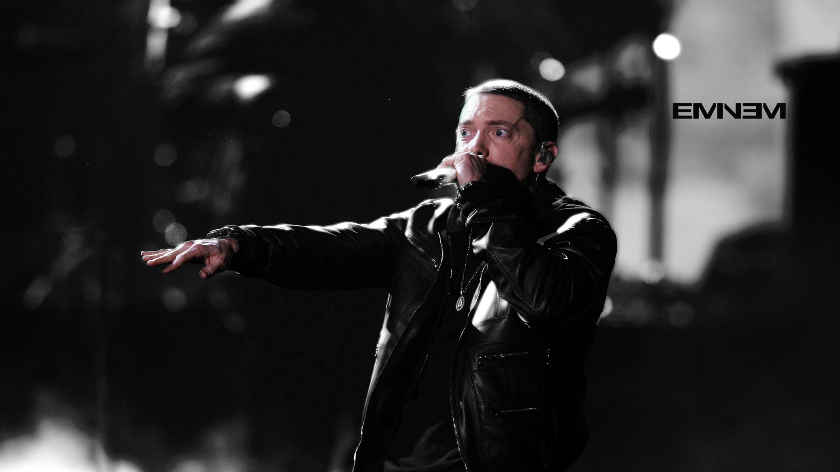 Eminem, Logo, Microfono, Bianco e nero, 2K, sfondo per portatile