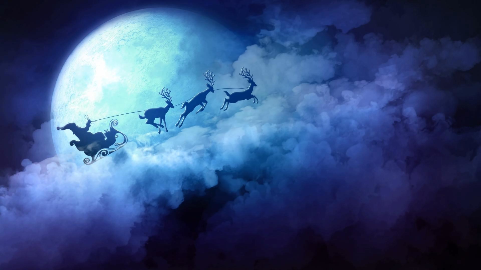 Slitta di Babbo Natale, Renne, Luna piena, Nuvole, Notte, Full HD, wallpaper per portatile