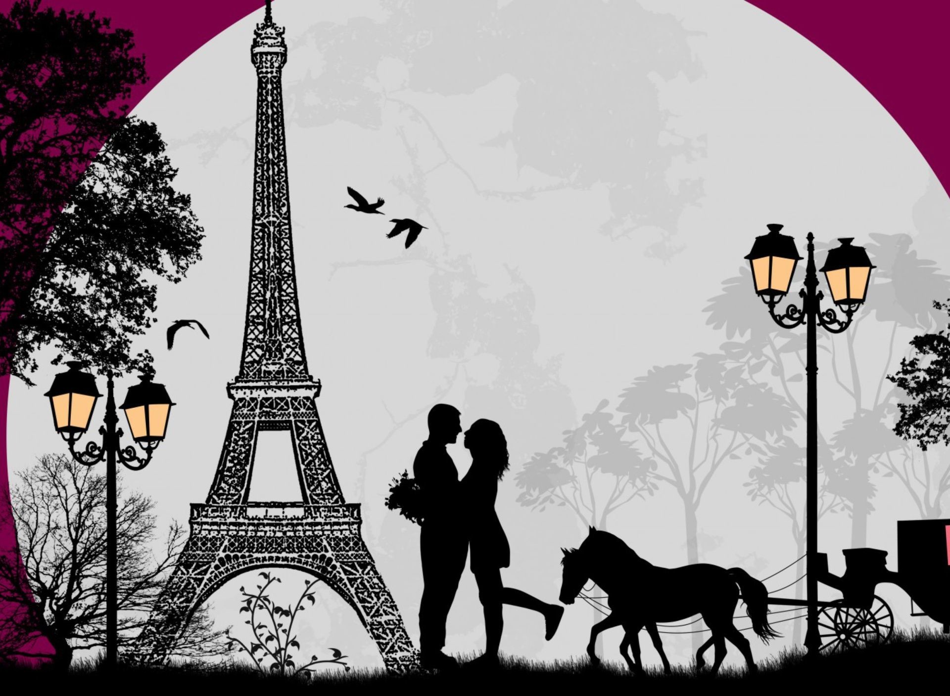 Torre Eiffel, Coppia, Silhouette, Carrozza, Full HD, sfondo per portatile