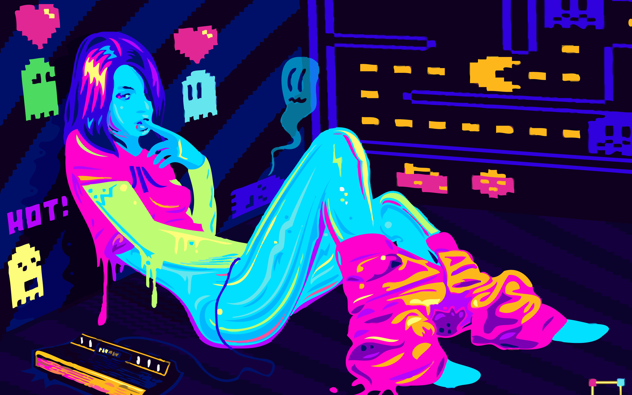 Pac-Man, Gamer girl, Neon, Pop art, 2560x1600, immagine di sfondo