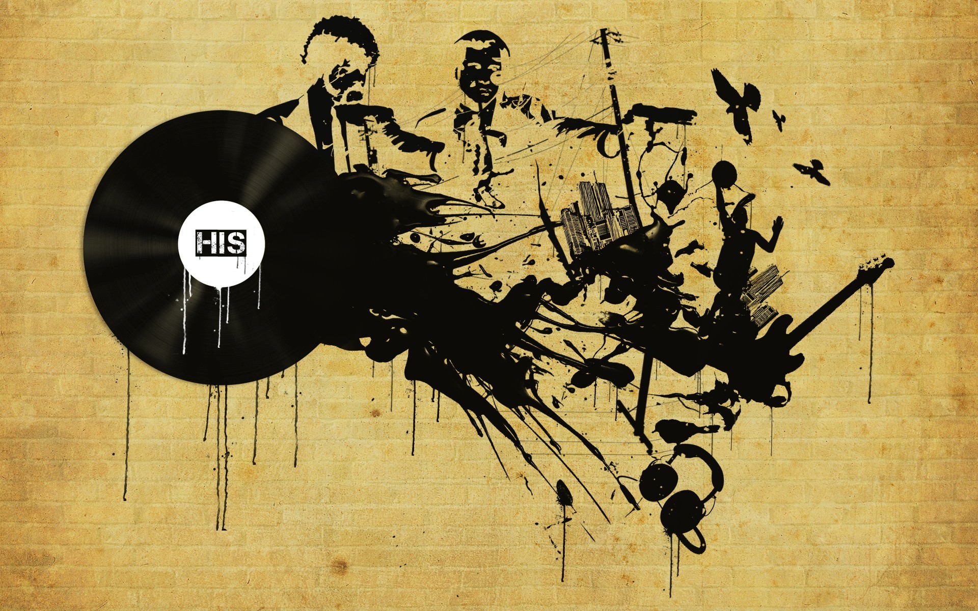 Disco in vinile, Stencil, Musica, Muro di mattoni, Grunge, 1920x1200, sfondo per PC