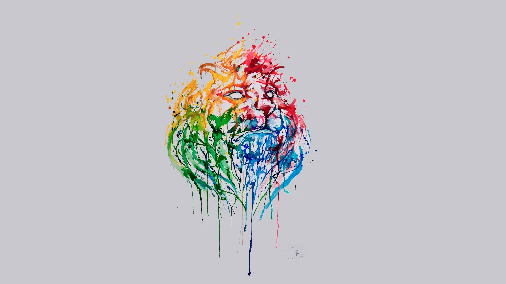 Leone, Acquerello, Arcobaleno, Sfondo grigio, wallpaper per desktop