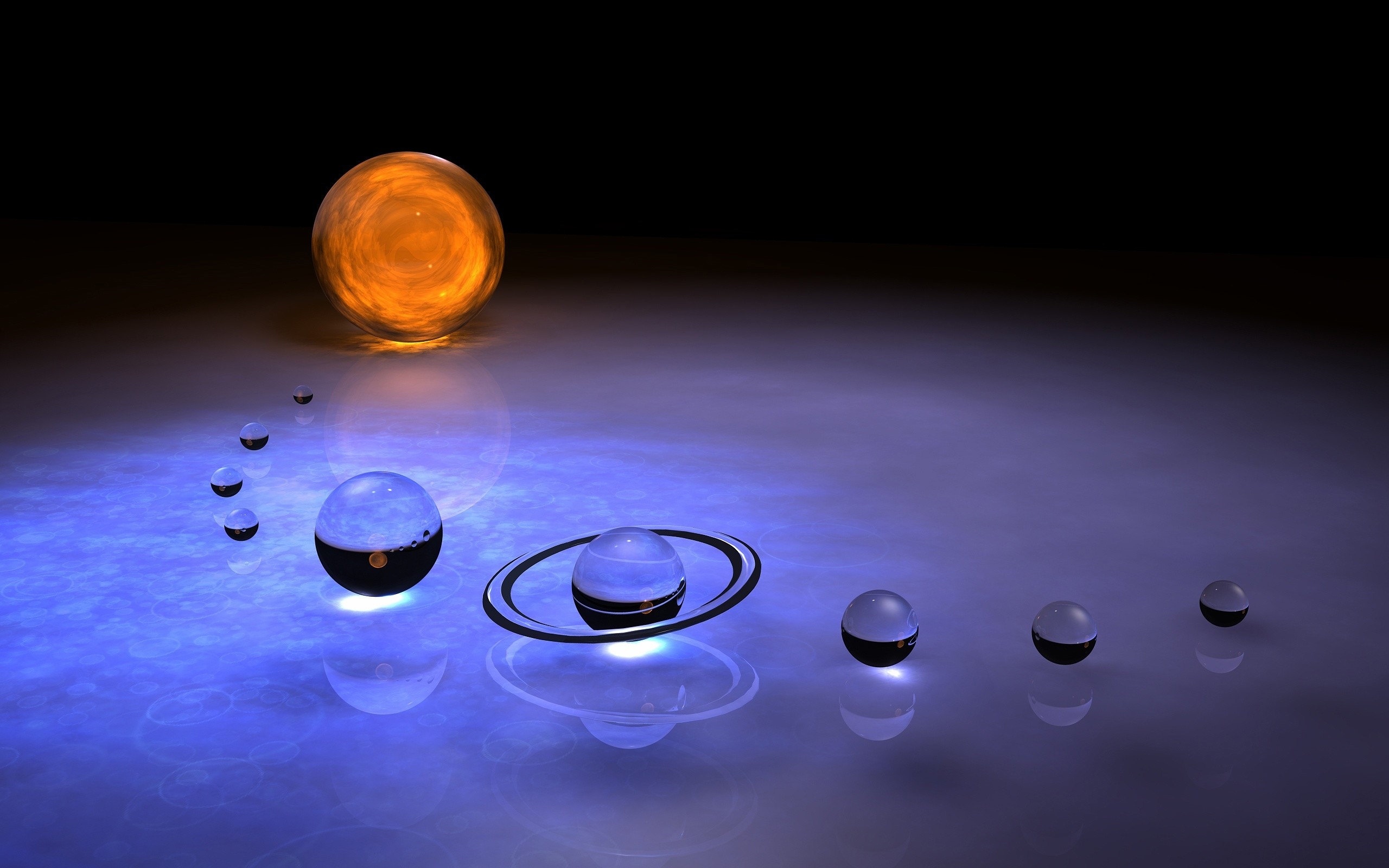 Sistema solare, Sole, Saturno, Sfere di vetro, Rendering 3D, Blu, wallpaper 2560x1600