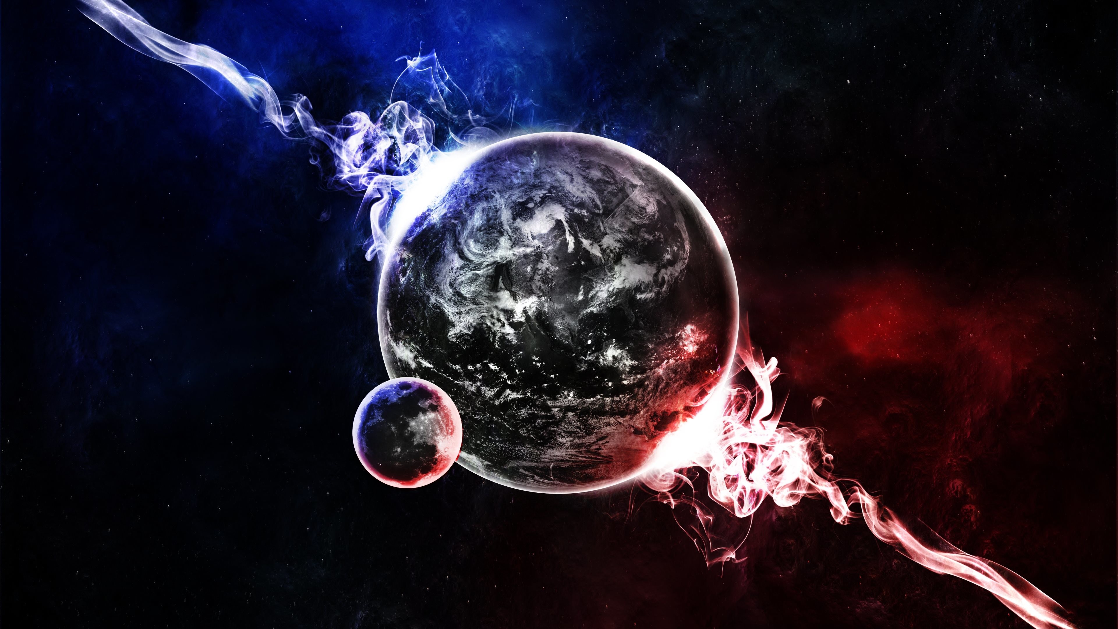 Pianeta, Luna, Spazio, Fumo rosso e blu, Arte digitale, 4K, sfondo per PC